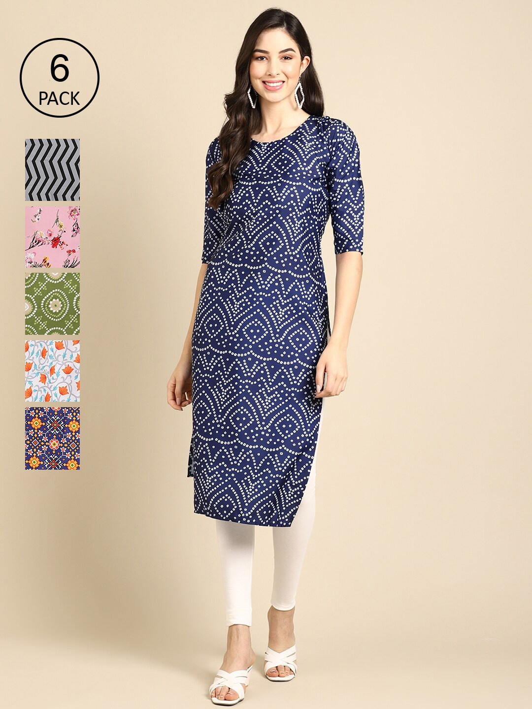 

Ethnic basket Women Pack Of 6 Multicoloured Geometric Printed Crepe Kurta, Multi