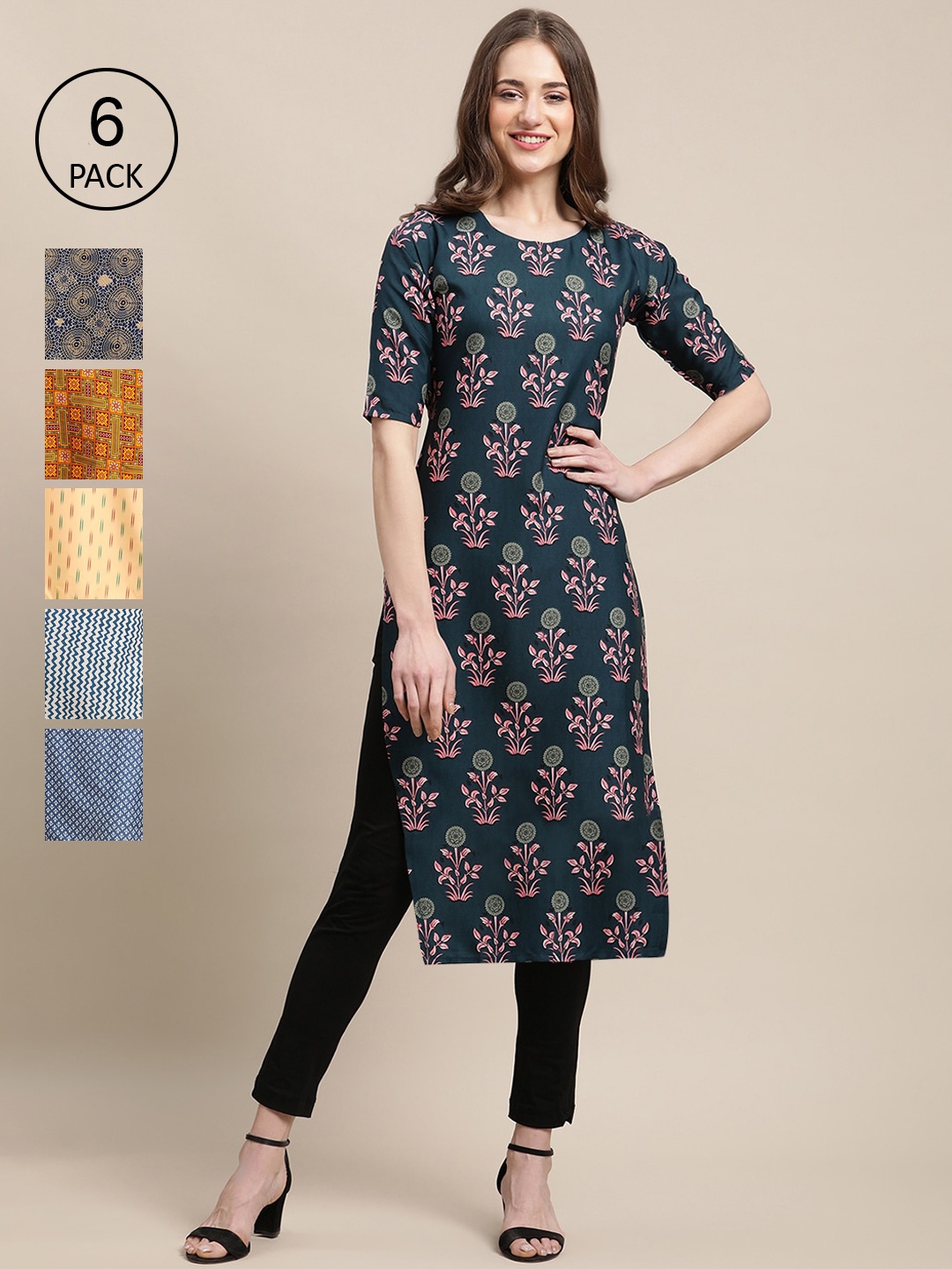 

Ethnic basket Women PACK OF 6 Blue & Yellow Floral Printed Block Print Crepe Kurta