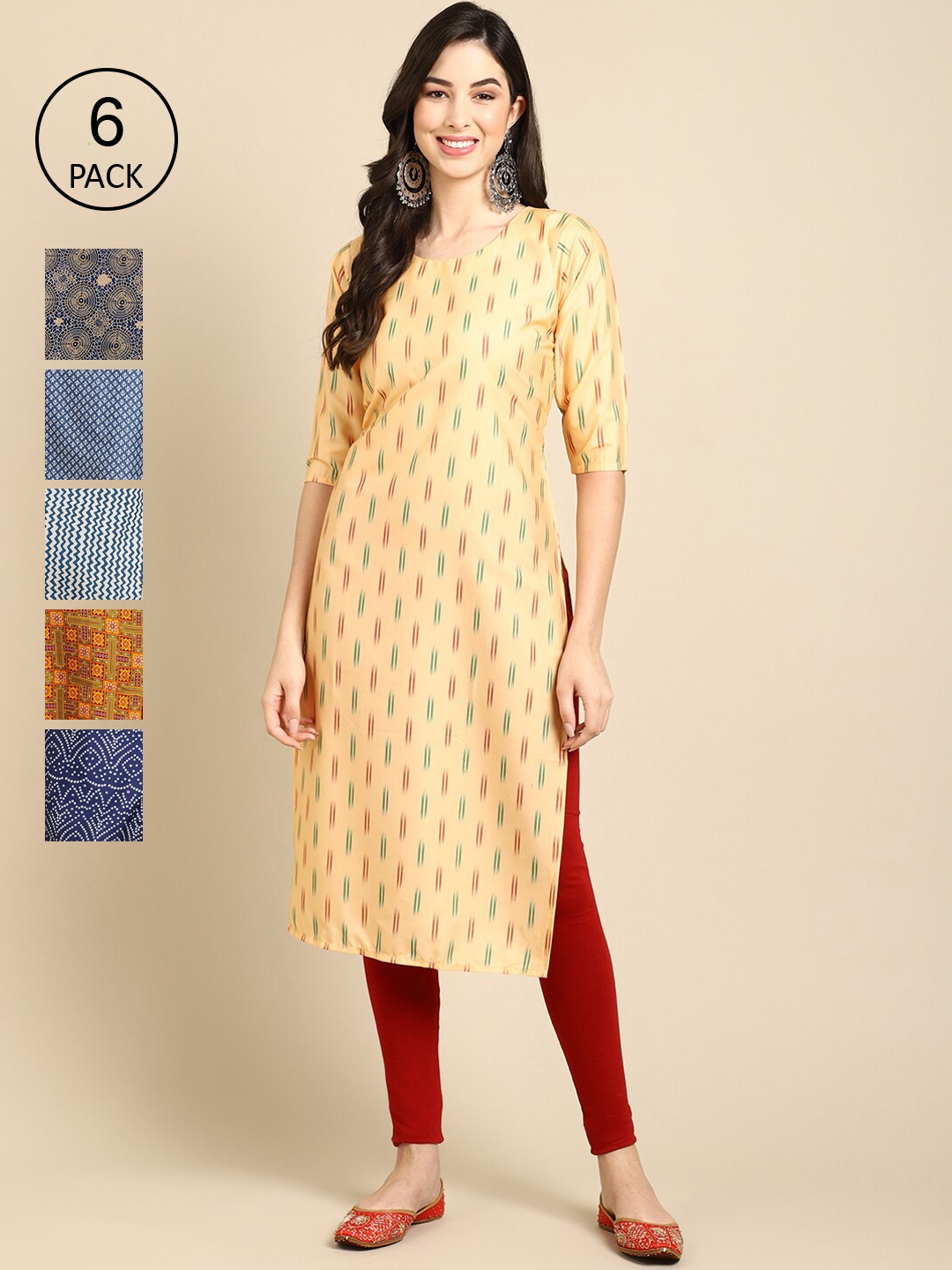 

Ethnic basket Women Pack of 6 Beige & Grey Ethnic Motifs Printed Crepe Kurta
