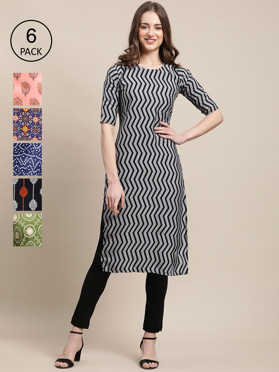 

Ethnic basket Women Pack of 6 Black & Peach-Coloured Geometric Checked Crepe Kurta