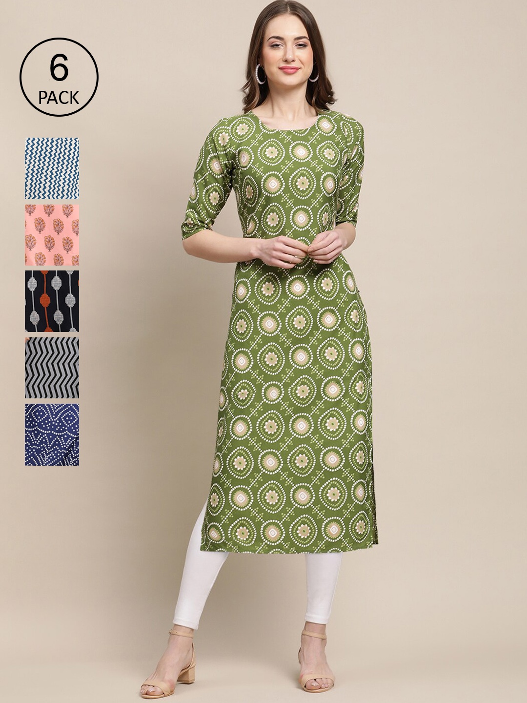 

Ethnic basket Women Set Of 6 Green & Blue Ethnic Motifs Printed Block Print Crepe Kurta
