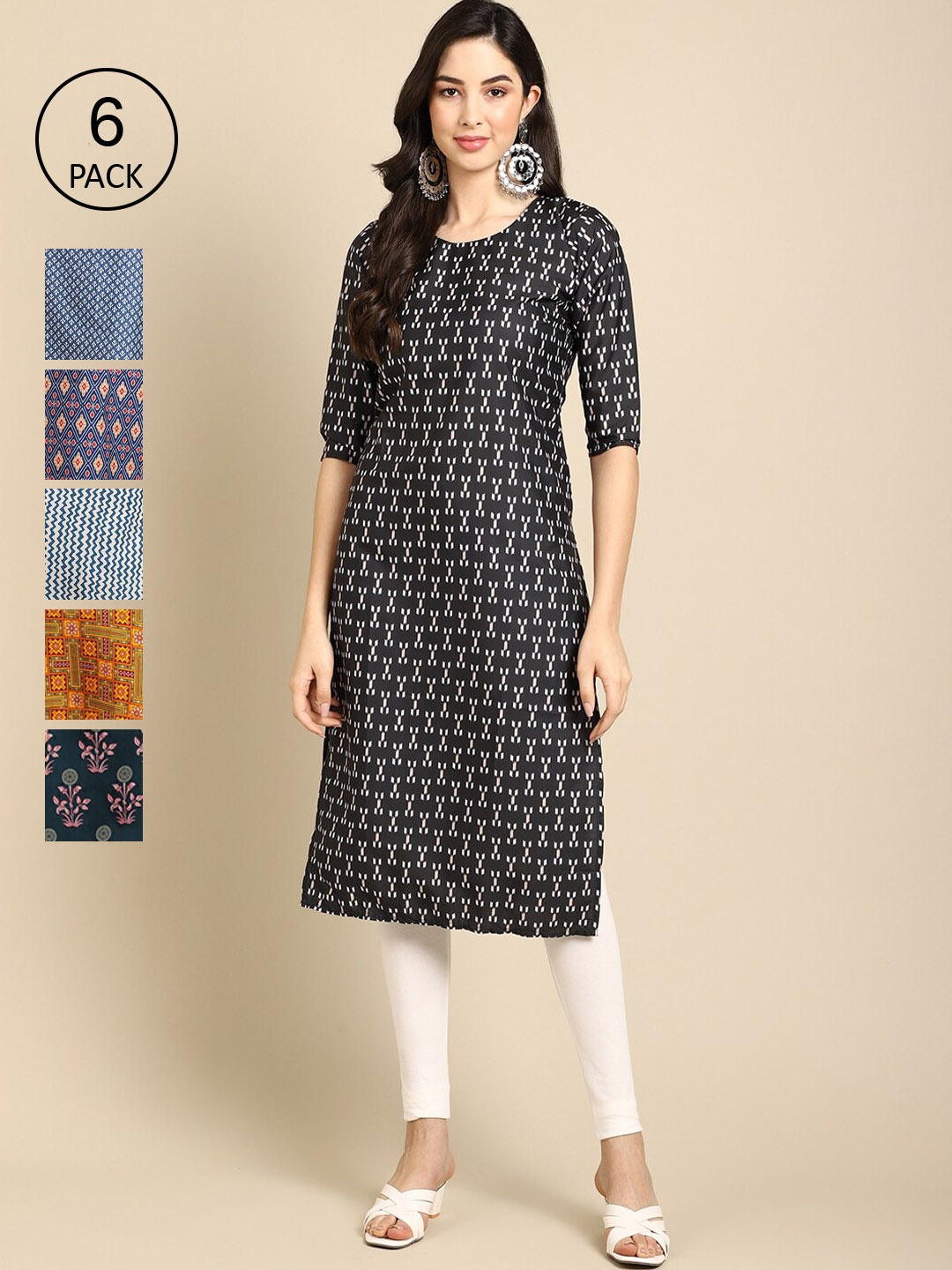 

Ethnic basket Women Set Of 6 Navy Blue & Yellow Floral Printed Block Print Crepe Kurta