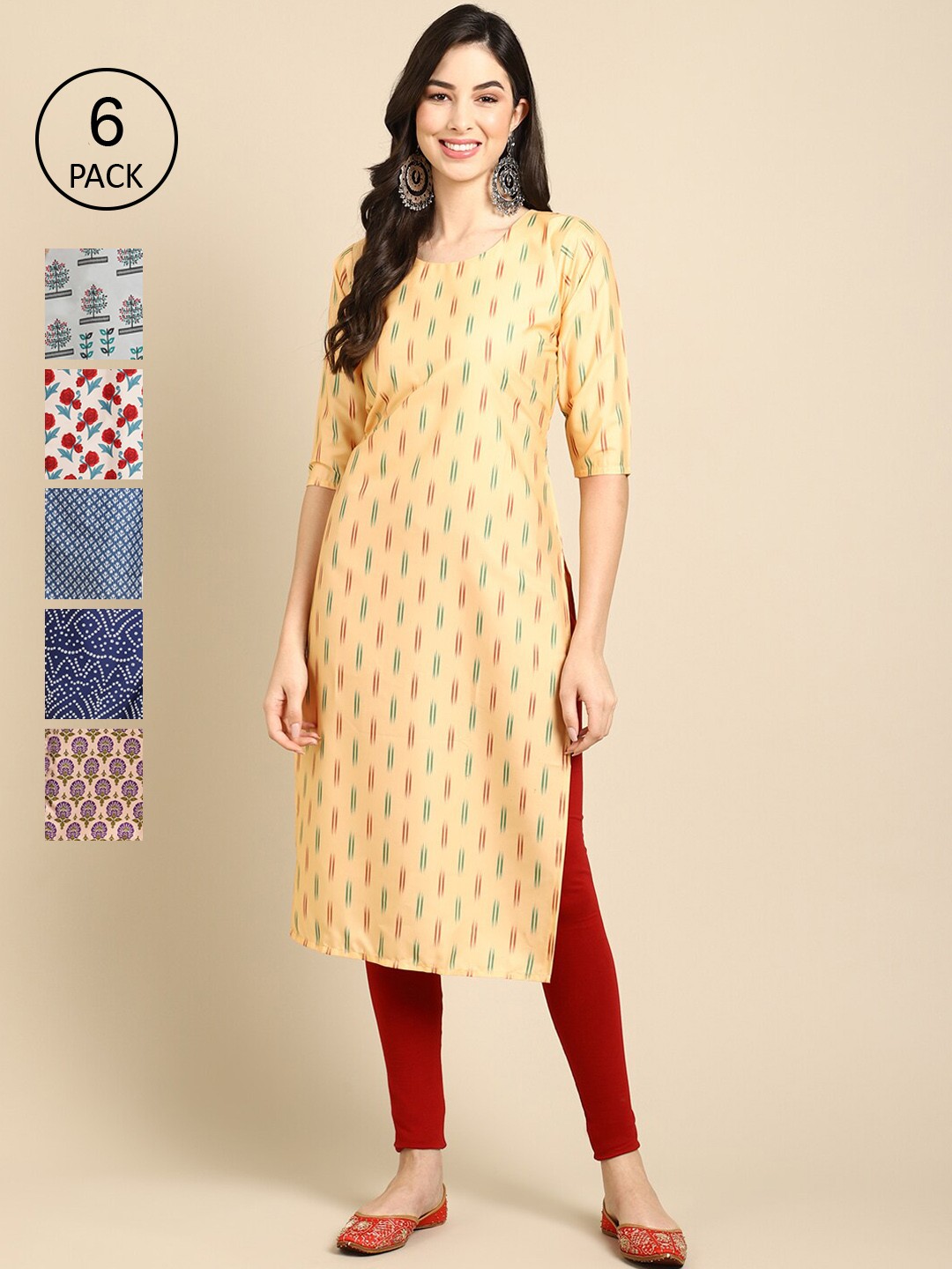 

Ethnic basket Women Pack Of 6 Multicoloured Geometric Printed Crepe Kurta, Multi
