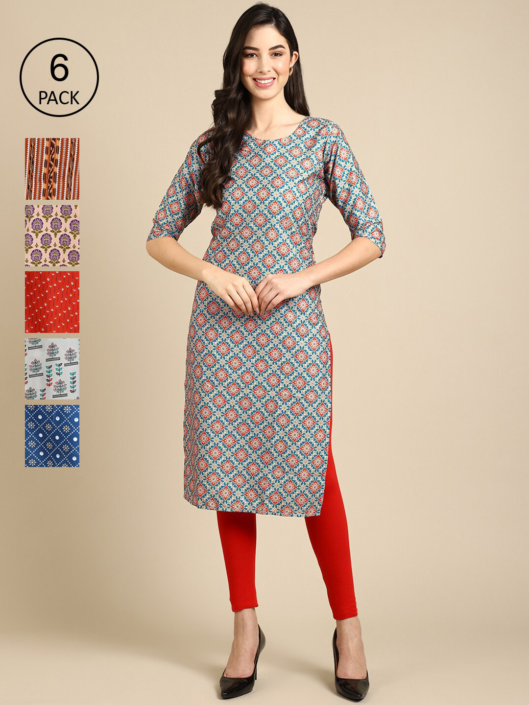 

Ethnic basket Women Blue & Red Geometric Printed Crepe Kurta
