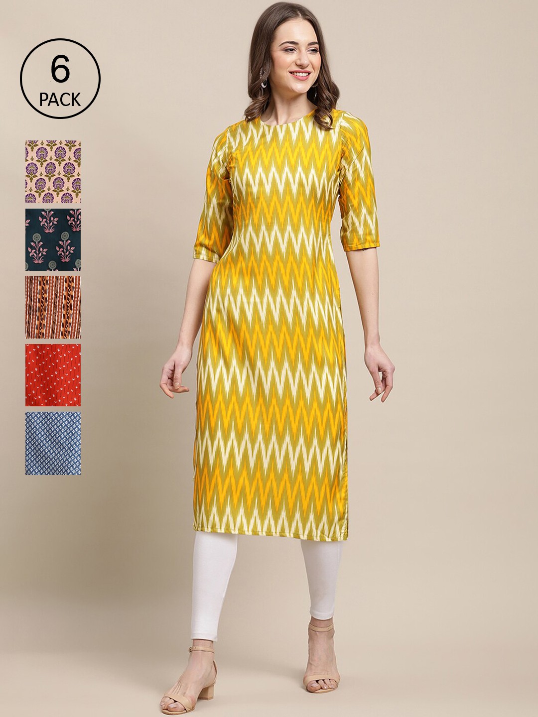 

Ethnic basket PACK OF 6 Women Ethnic Motifs Printed Block Print Crepe Kurta, Yellow