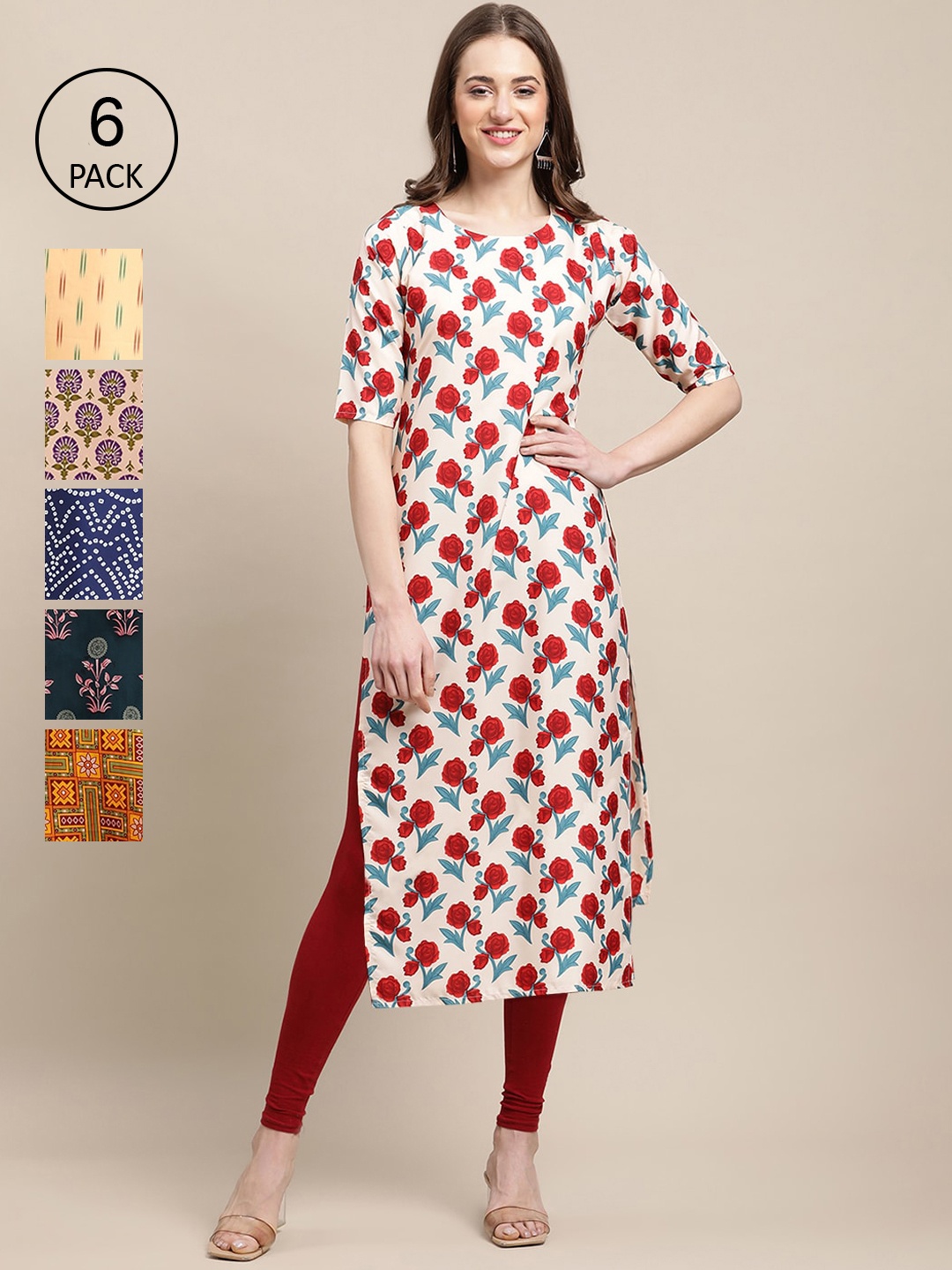 

Ethnic basket Pack Of 6 Women Ethnic Motifs Printed Block Print Crepe Kurta, Yellow