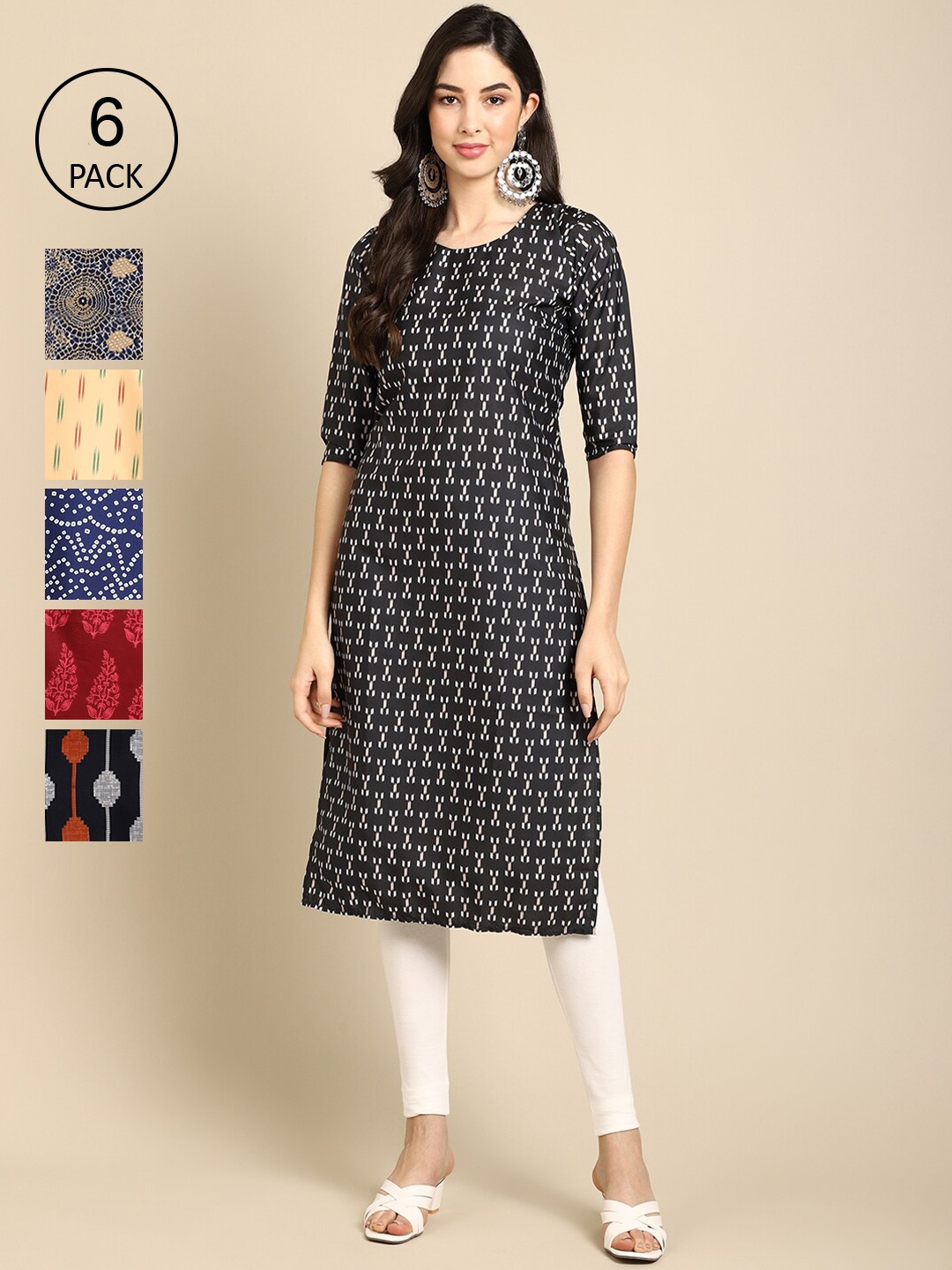 

Ethnic basket Women Pack of 6 Printed Crepe Kurtas, Black