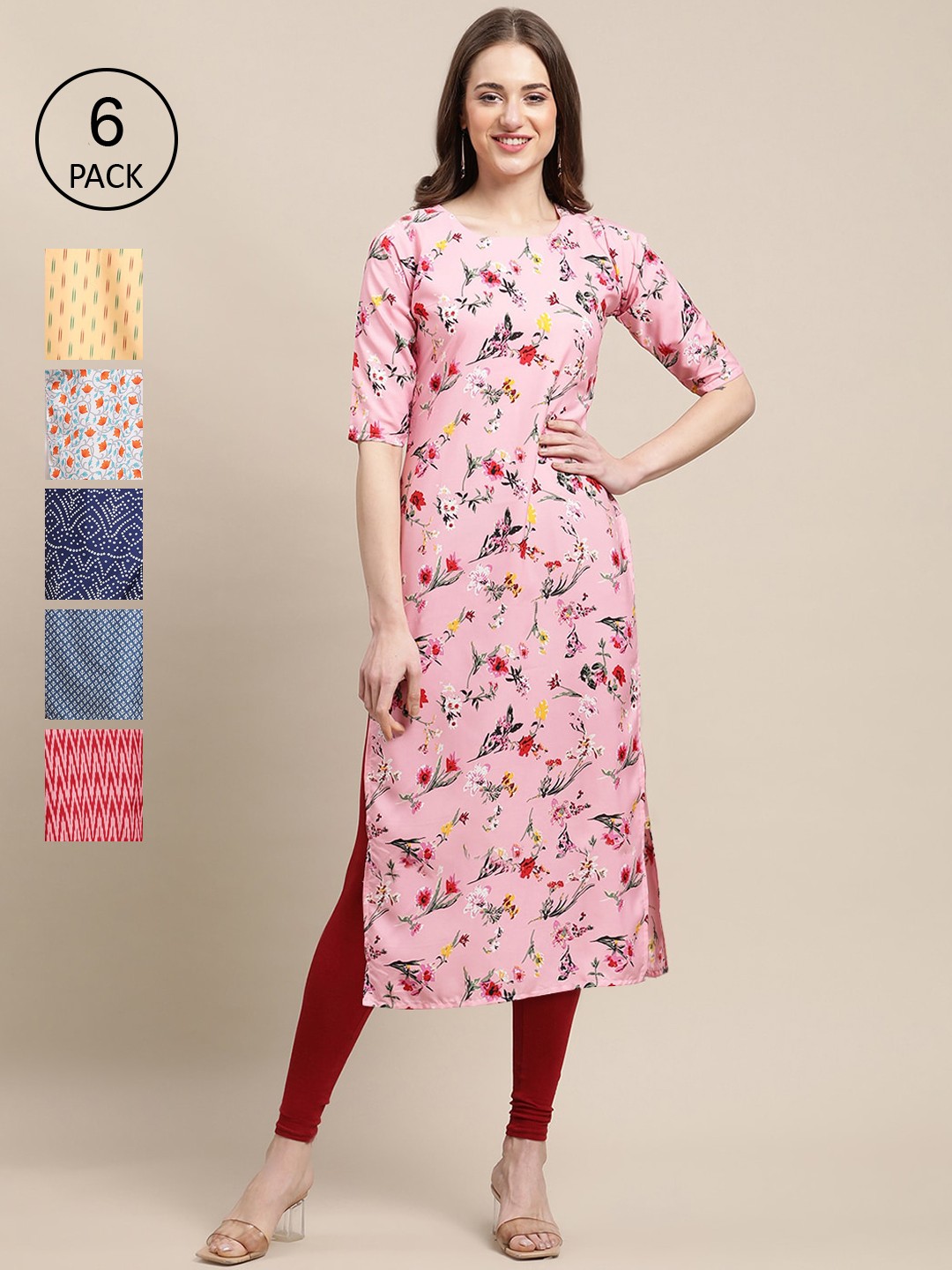 

Ethnic basket Women Pack Of 6 Printed Summer Sheers Crepe Kurta, Pink