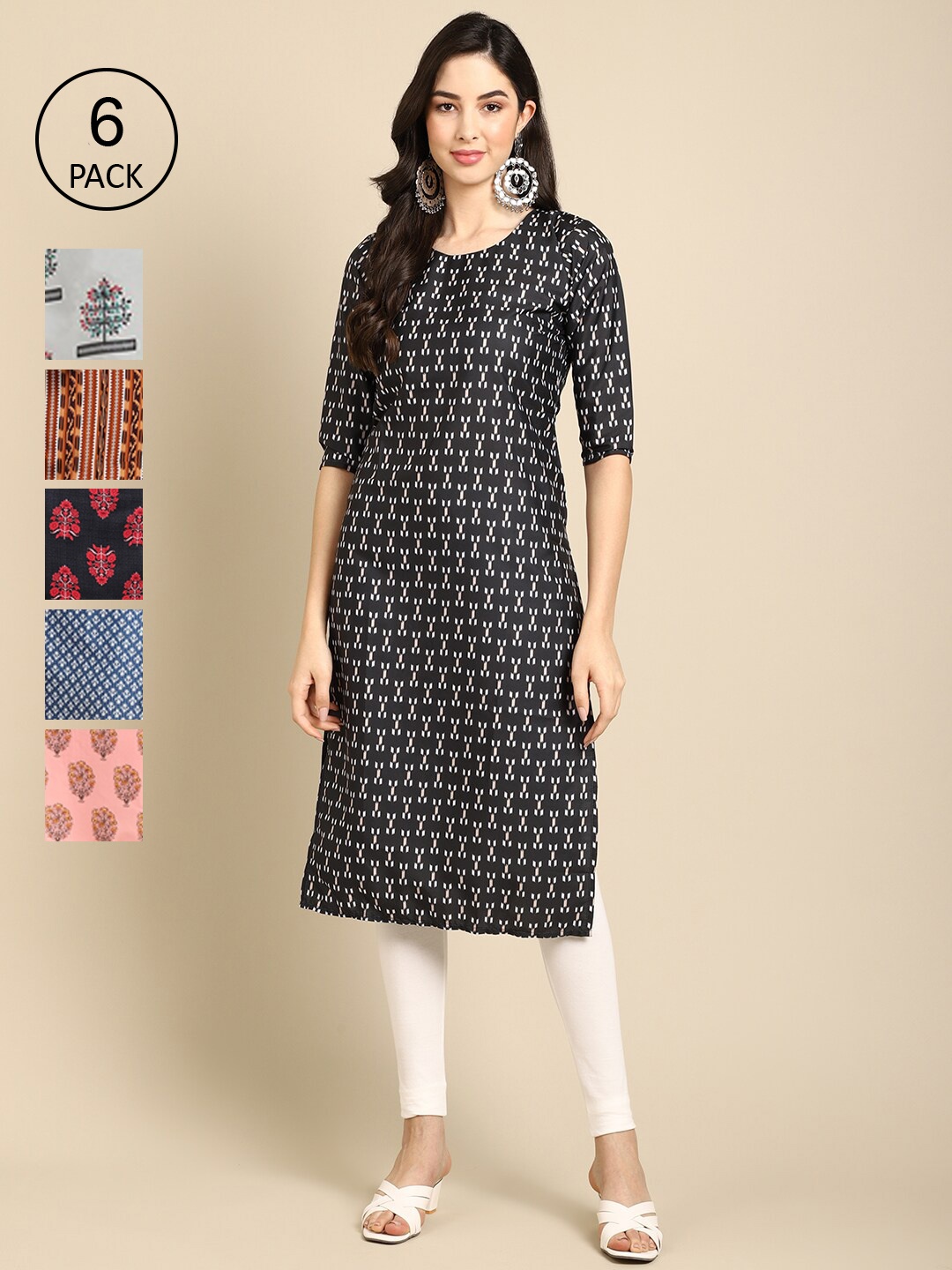 

Ethnic basket Women Pack of 6 Ethnic Motifs Printed Block Print Crepe Kurta, Blue