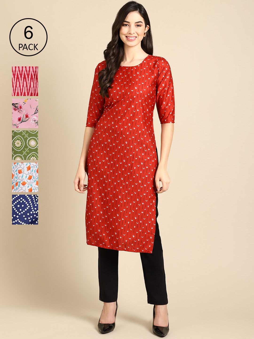 

Ethnic basket Women Pack of 6 Ethnic Motifs Printed Block Print Crepe Kurta, Red