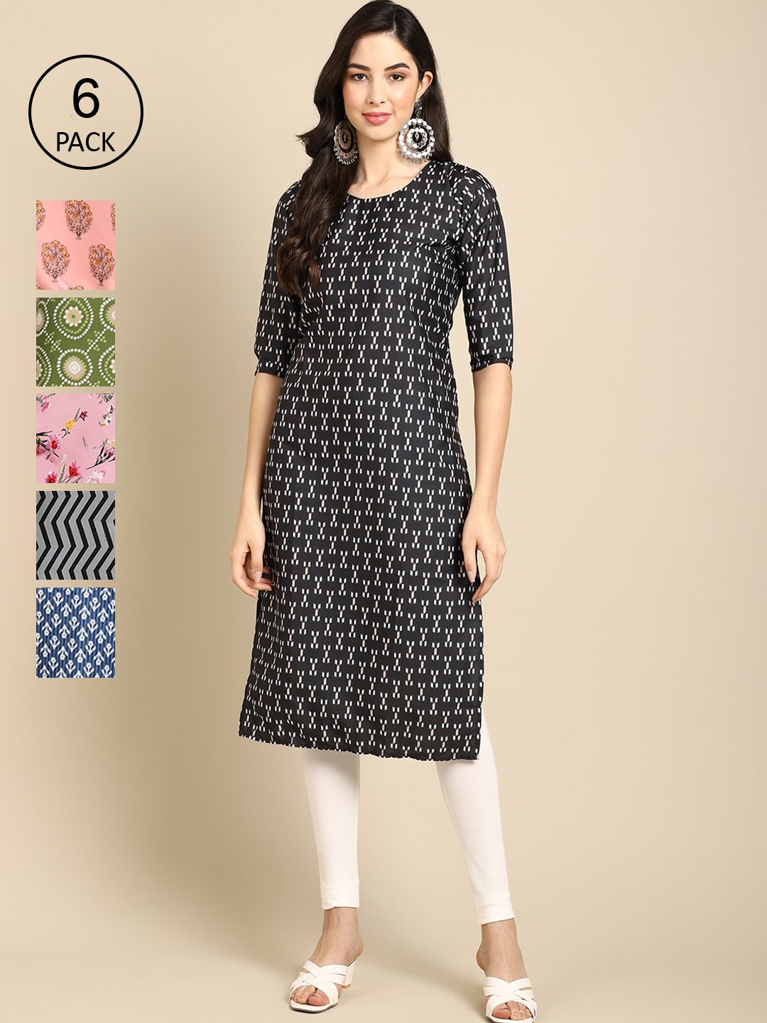 

Ethnic basket Women Pack of 6 Printed Crepe Kurta, Pink
