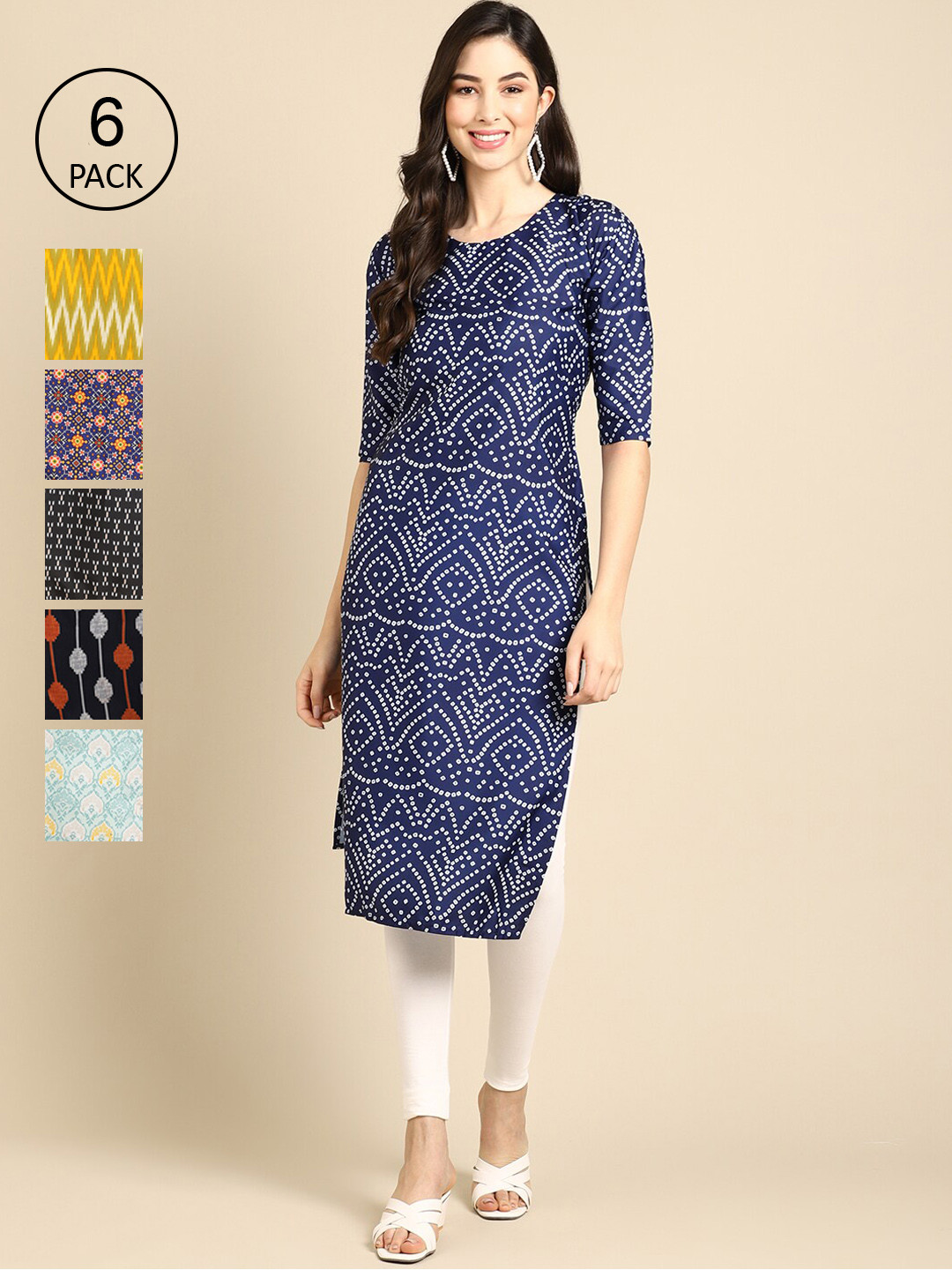 

Ethnic basket Women Geometric Checked Block Print Crepe Kurta Pack of 6, Yellow