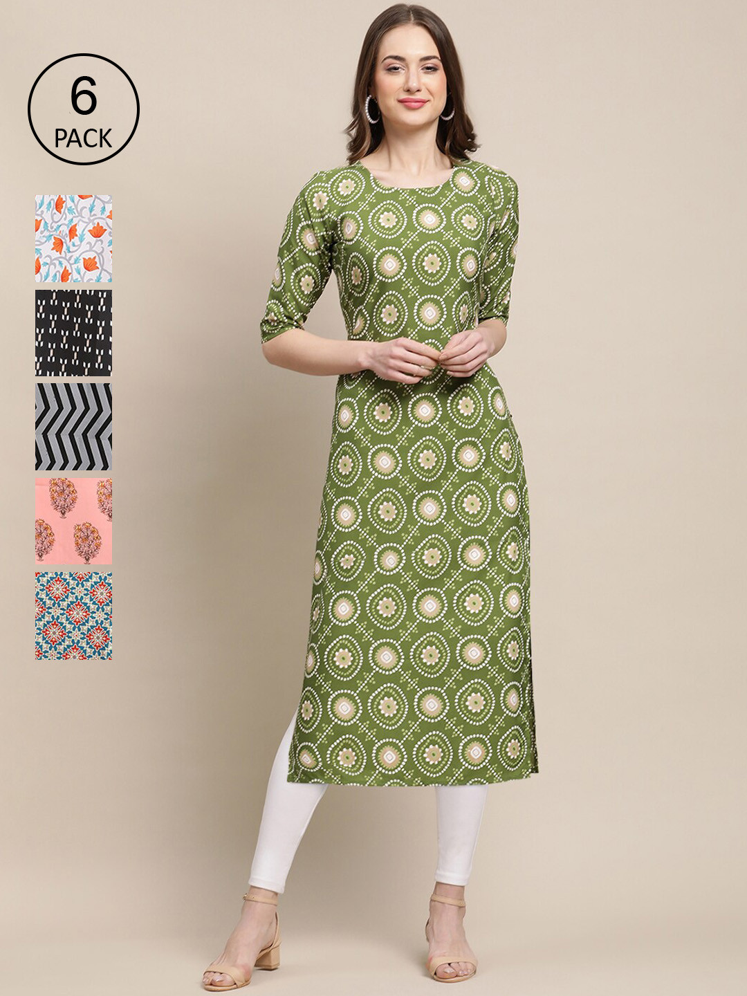 

Ethnic Basket Women's Crepe Multi Color Digital Printed Straight Kurta [PACK OF 6]