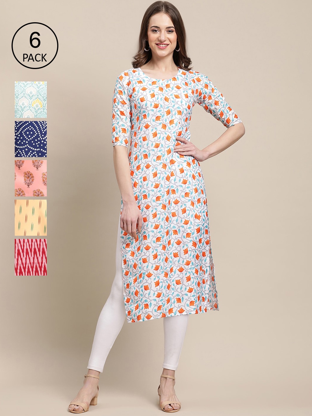 

Ethnic basket Women Pack of 6 Geometric Printed Crepe Kurta, Multi