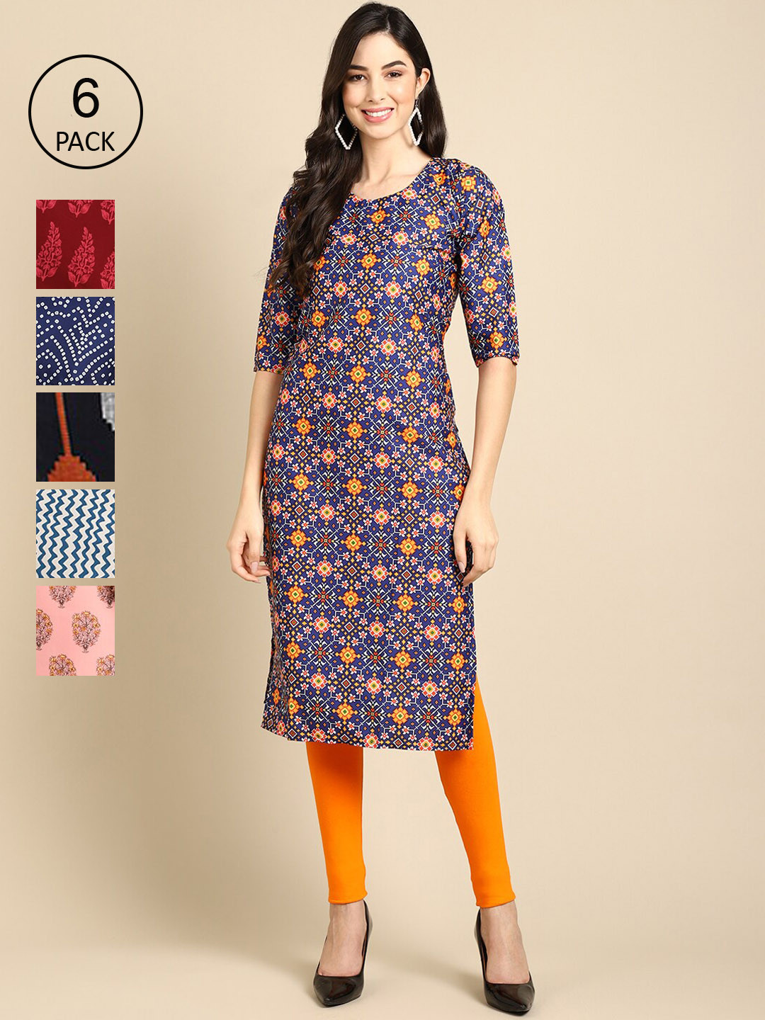 

Ethnic basket Women Pack Of 6 Ethnic Motifs Printed Block Print Crepe Kurta, Multi