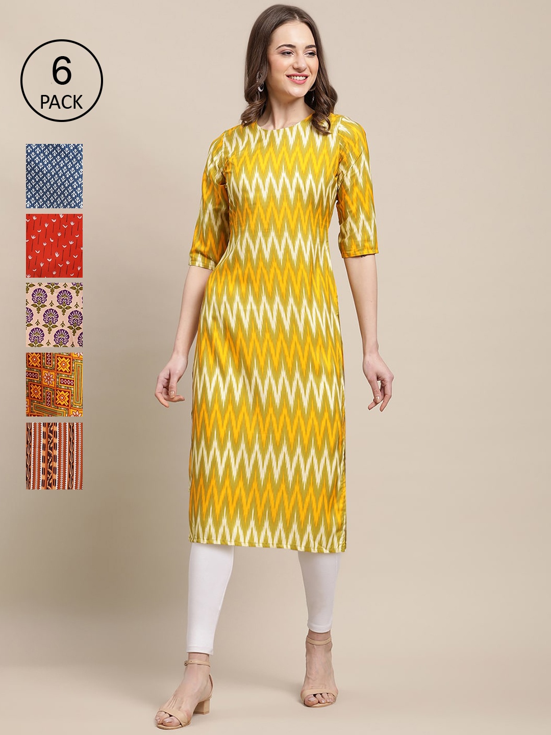 

Ethnic basket Women Pack Of 6 Ethnic Motifs Printed Block Print Crepe Kurta, Multi