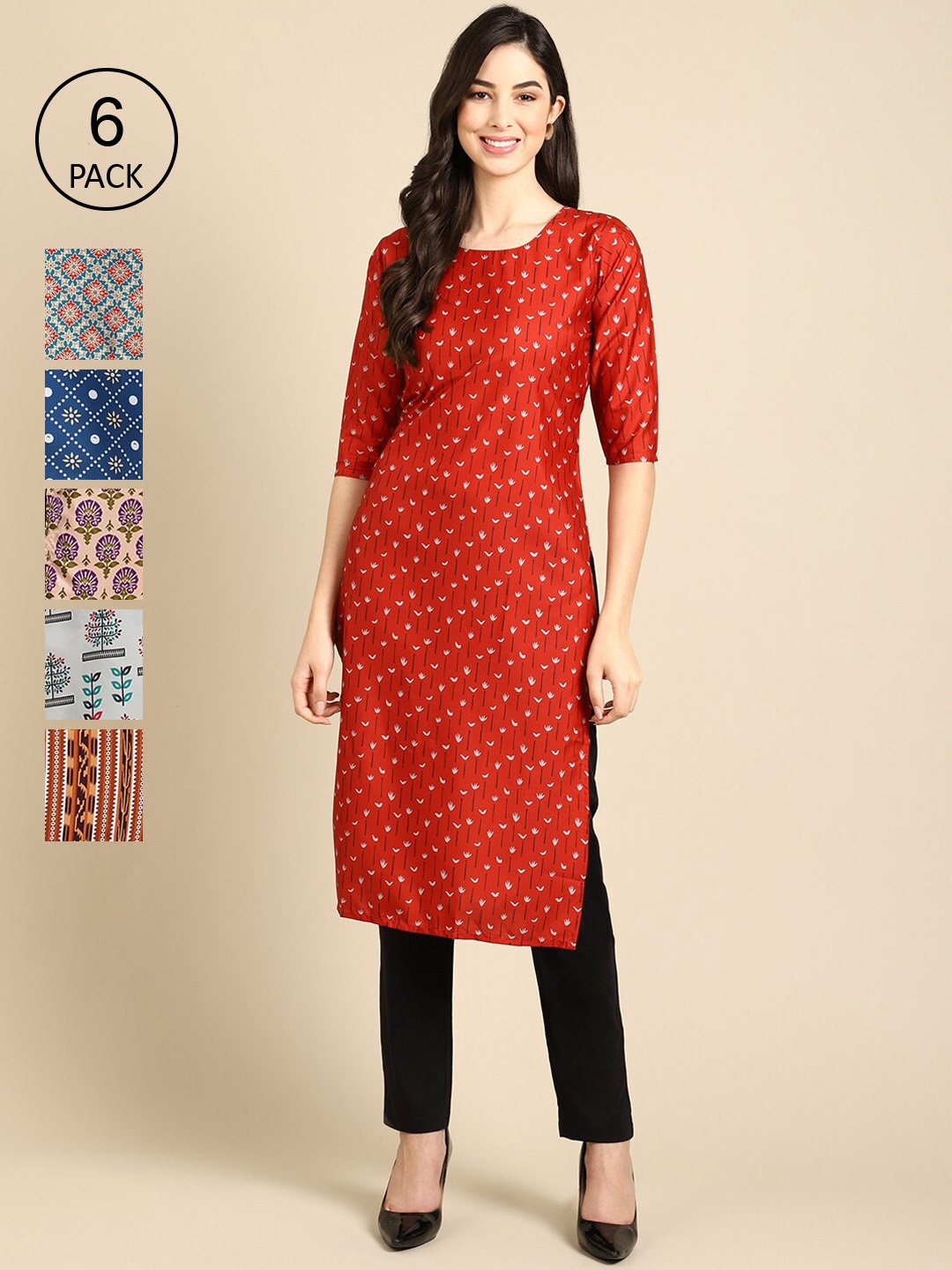 

Ethnic basket Women Pack Of 6 Geometric Printed Block Print Crepe Kurta, Multi