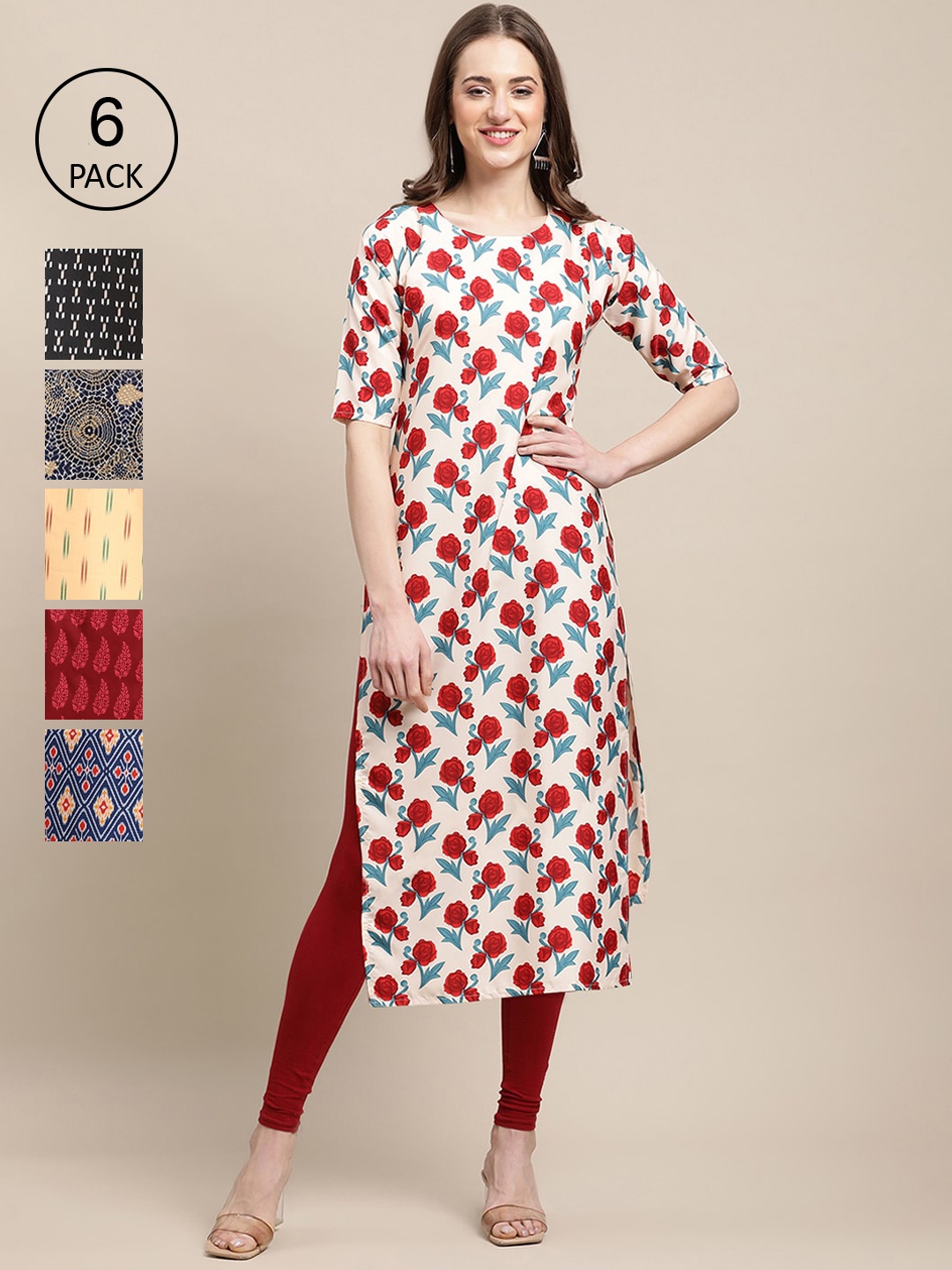

Ethnic basket Women Pack of 6 Digital Printed Crepe Straight Kurtas, Red