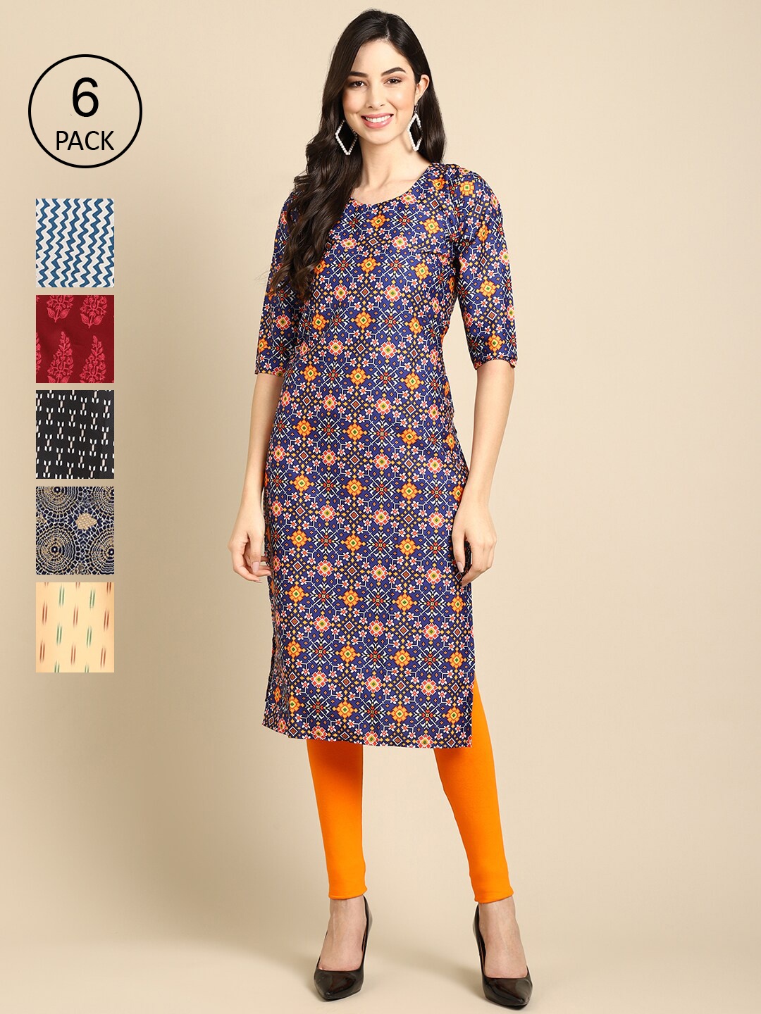 

Ethnic basket Women Pack of 6 Digital Printed Crepe Straight Kurtas, Blue