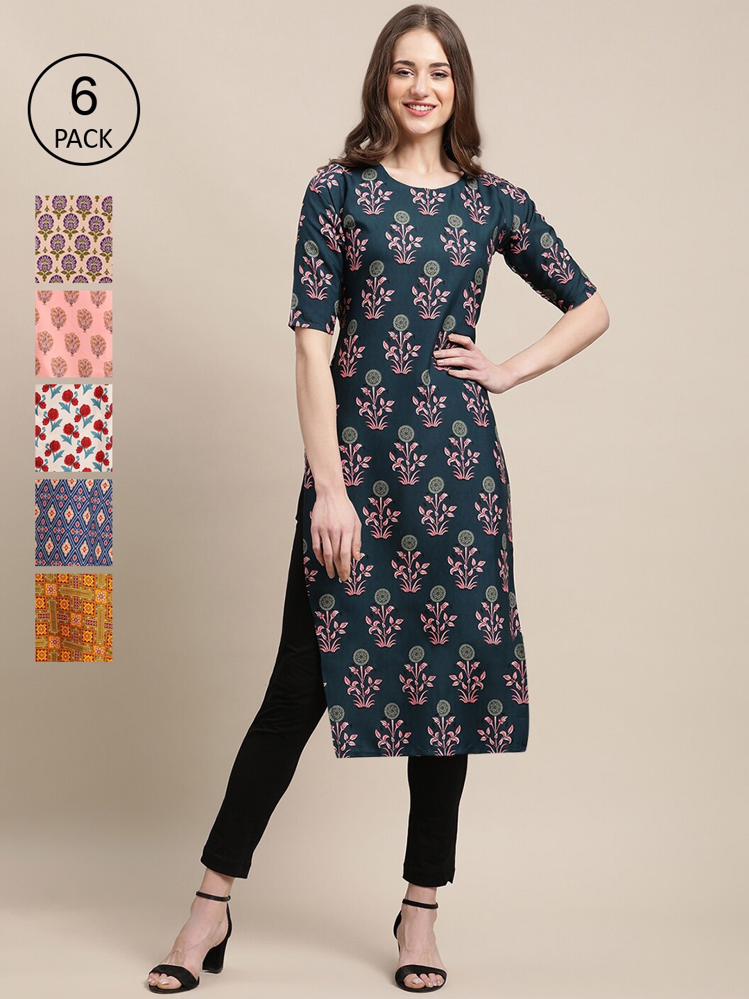 

Ethnic basket Women Pack of 6 Digital Printed Crepe Straight Kurtas, Green