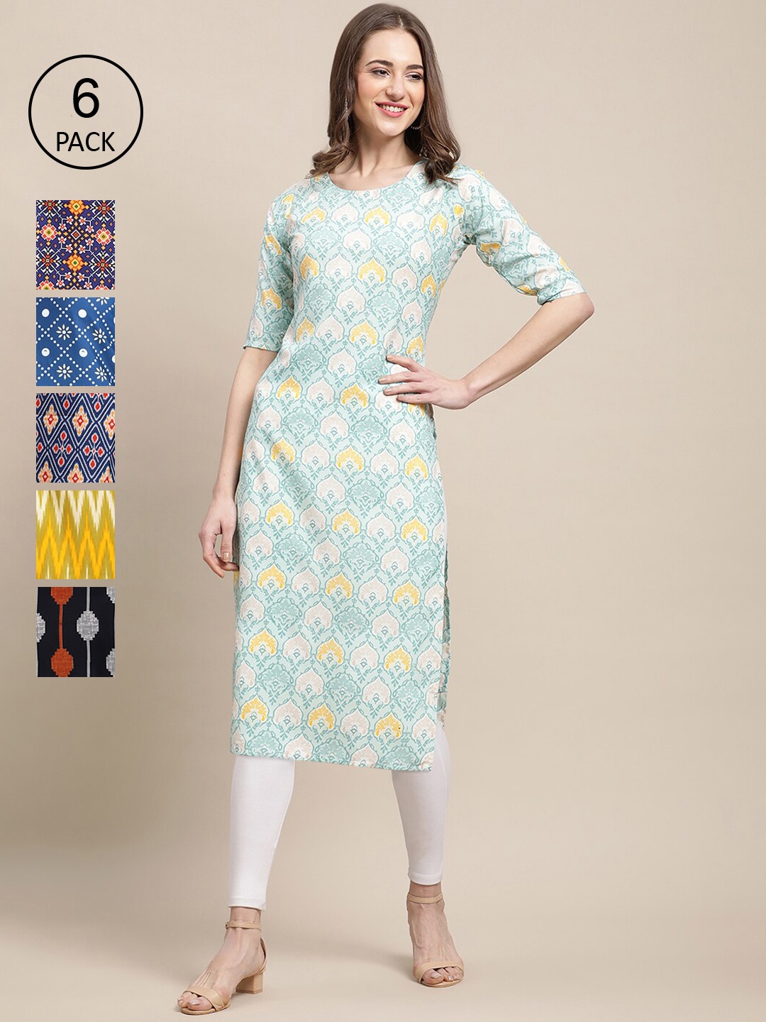 

Ethnic basket Women Pack Of 6 Ethnic Motifs Printed Block Print Crepe Kurta, Blue