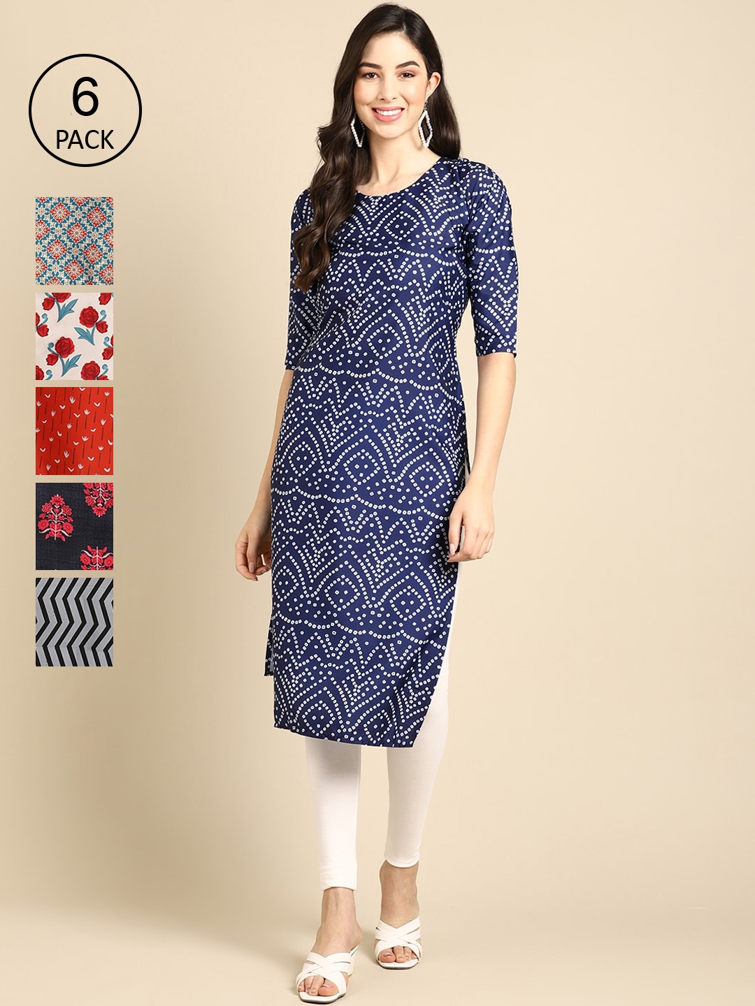 

Ethnic basket Women Multicoloured Pack Of 6 Ethnic Motifs Printed Block Print Crepe Kurta, Multi