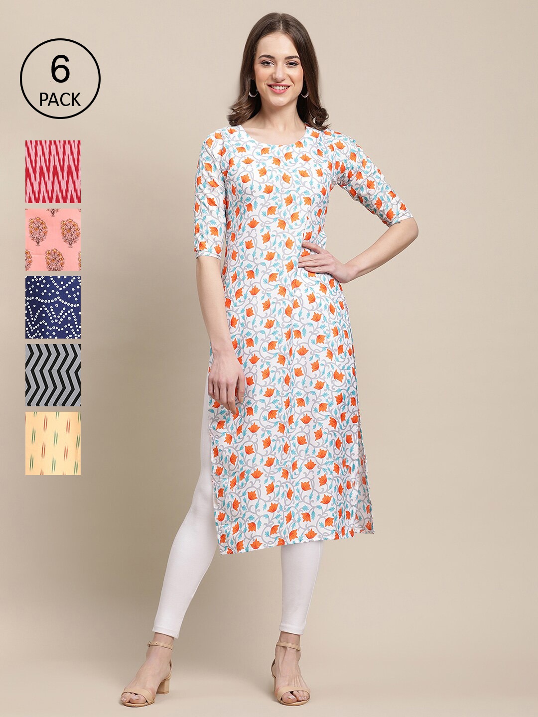 

Ethnic basket Women Pack Of 6 Printed Block Print Crepe Kurta, Pink