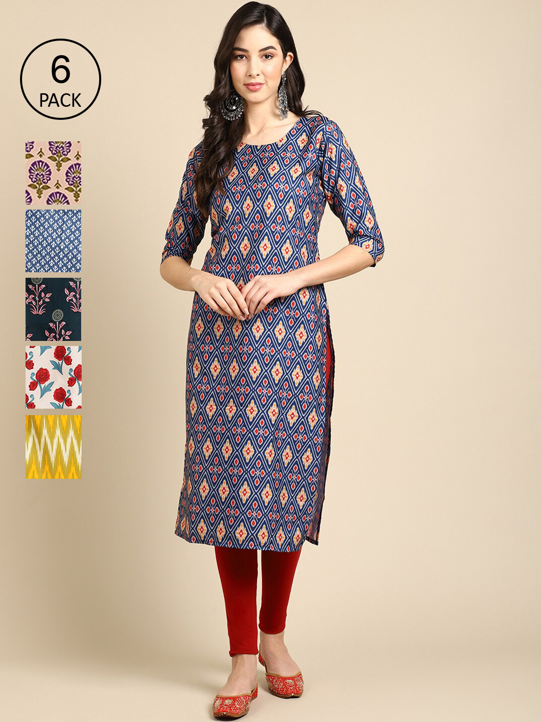

Ethnic basket Women Pack of 6 Geometric Printed Crepe Kurta, Multi