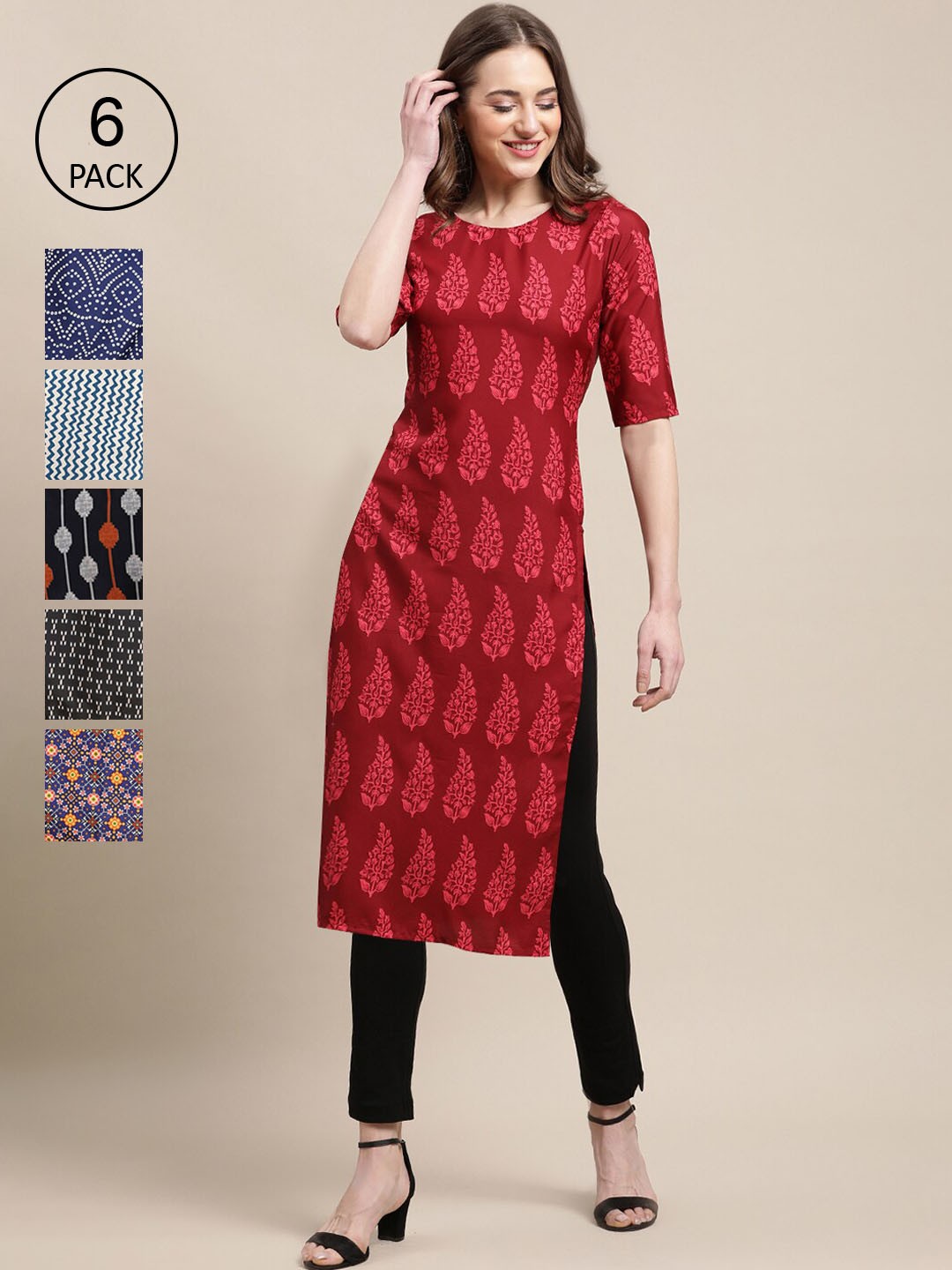 

Ethnic basket Women Pack of 6 Geometric Printed Crepe Kurta, Multi