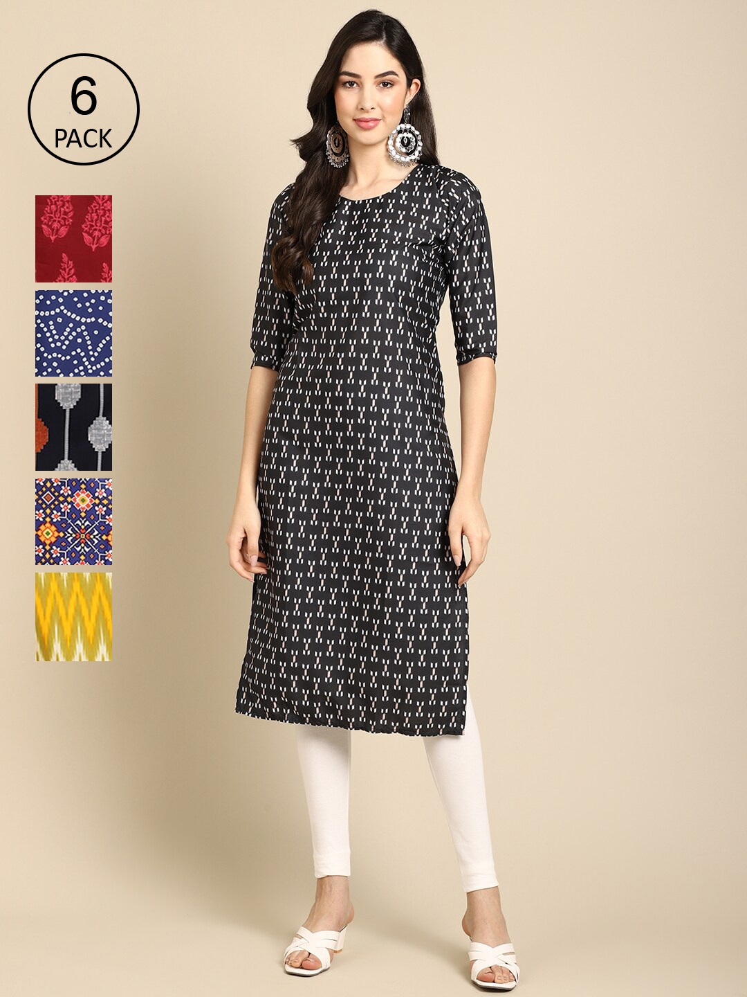 

Ethnic basket Women Red And Blue Geometric Block Print Crepe Pathani Kurta PACK OF 6, Black