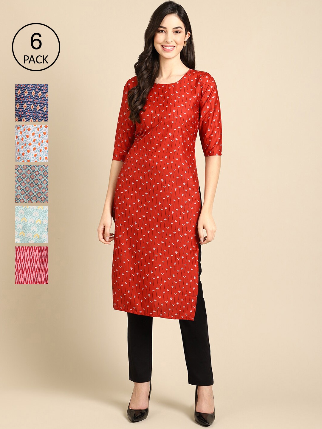 

Ethnic basket Women Set Of 6 Red & Blue Ethnic Motifs Printed Crepe Kurta