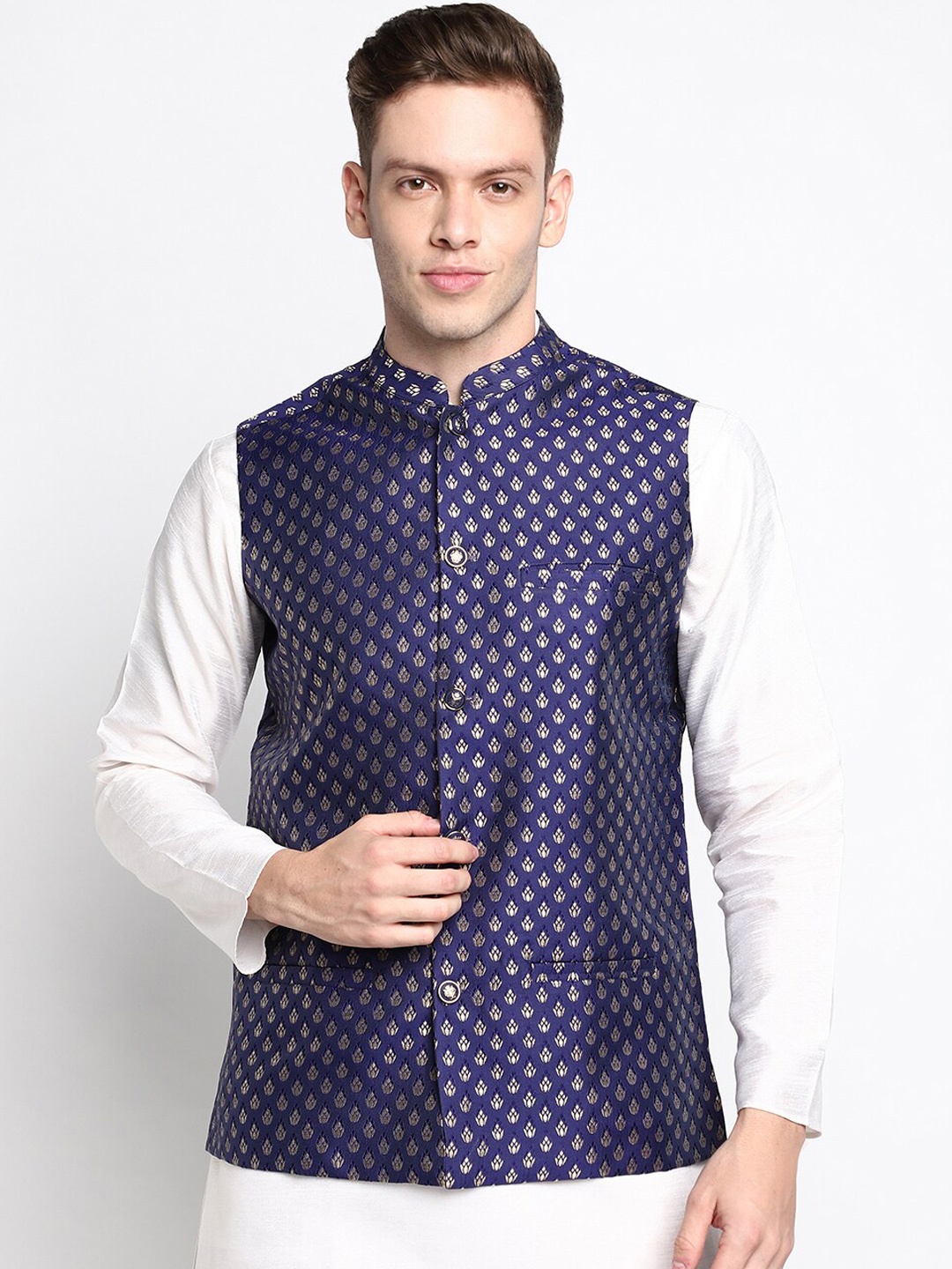 

DEVOILER Men Navy Blue Woven Design Nehru Jackets