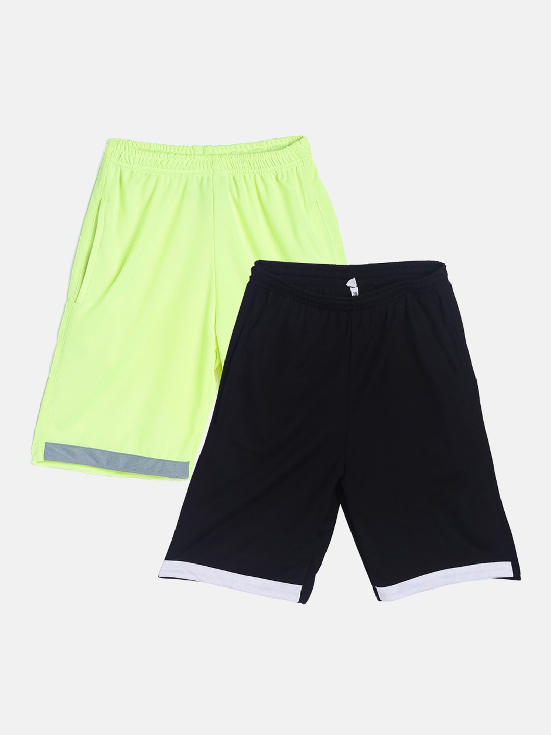 

TINY HUG Boys Pack Of 2 Fluorescent Green & Black High-Rise Outdoor Sports Shorts