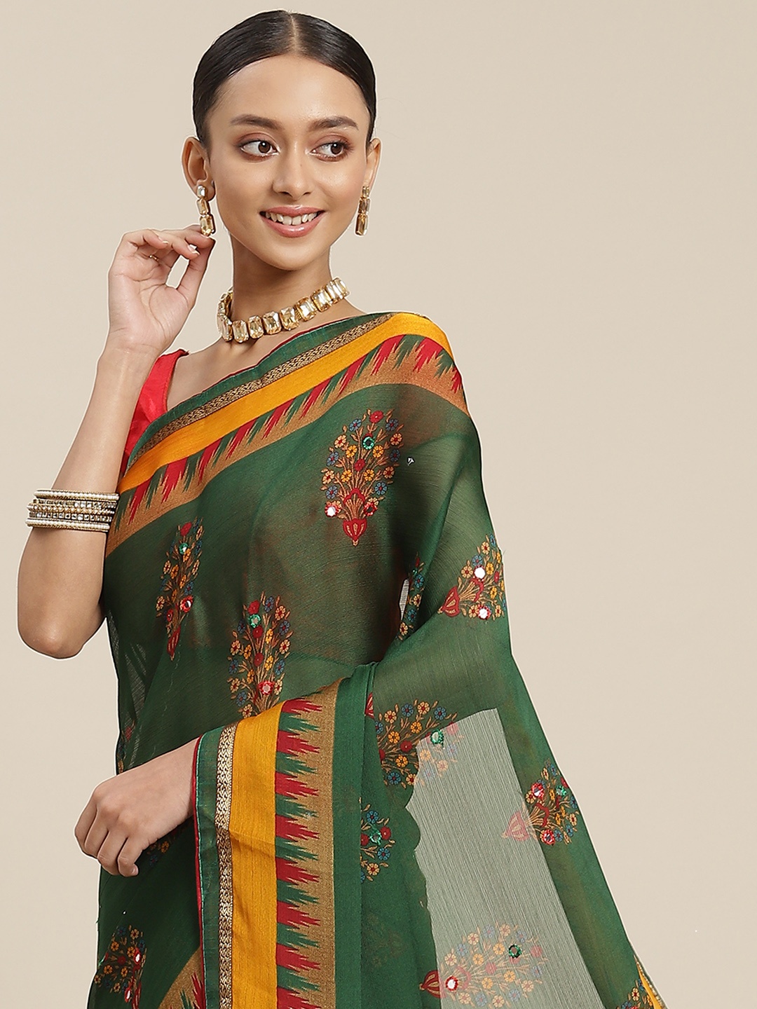 

SAARYA Green Ethnic Motifs Mirror Work Poly Chiffon Saree