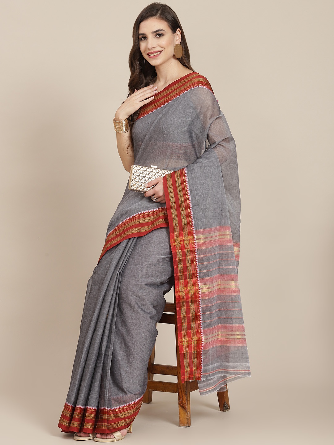 

SAARYA Grey & Red Woven Design Pure Cotton Saree with Blouse Piece