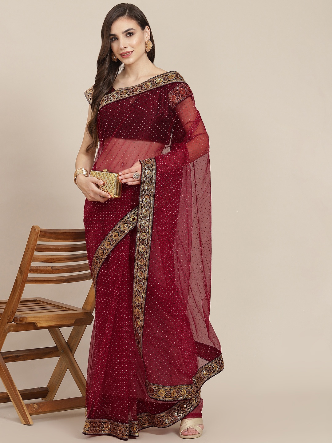 

SAARYA Maroon Embellished Sequinned Net Saree