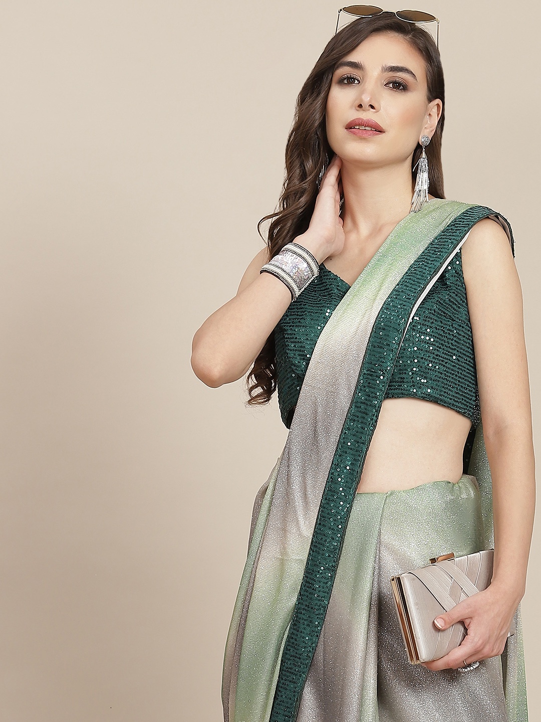 

SAARYA Green Ombre Sequinned Net Saree