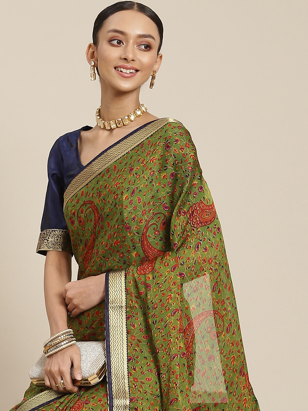 

SAARYA Olive Green & Pink Ethnic Motifs Pure Chiffon Saree
