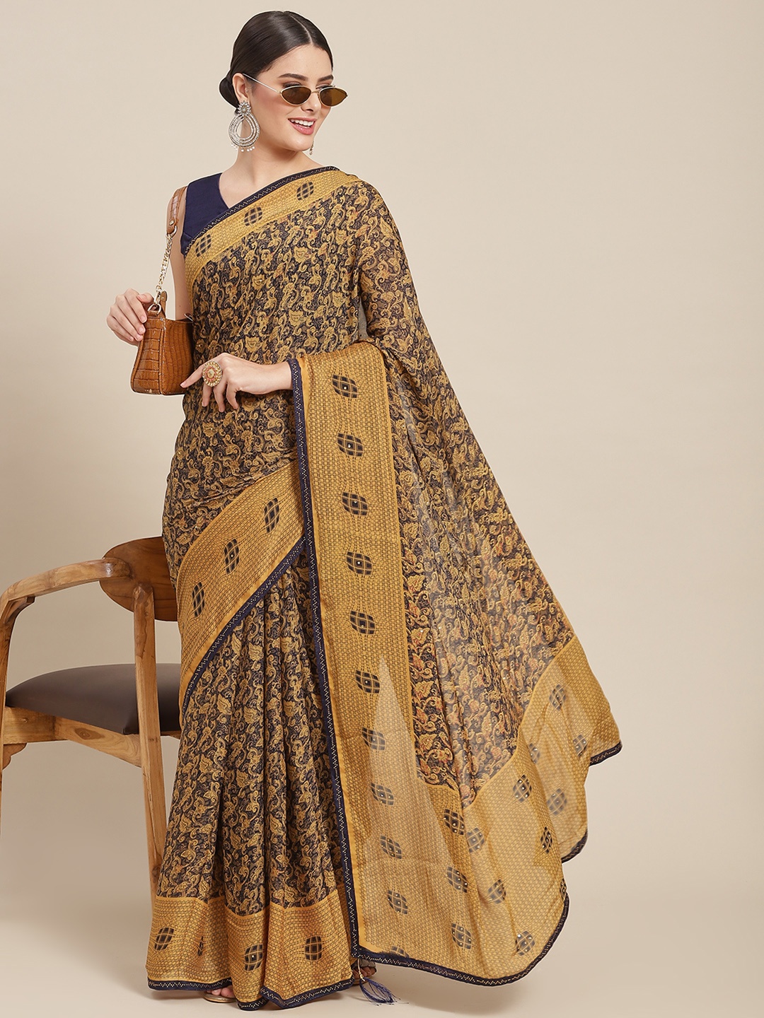 

SAARYA Brown & Navy Blue Ethnic Motifs Printed Saree