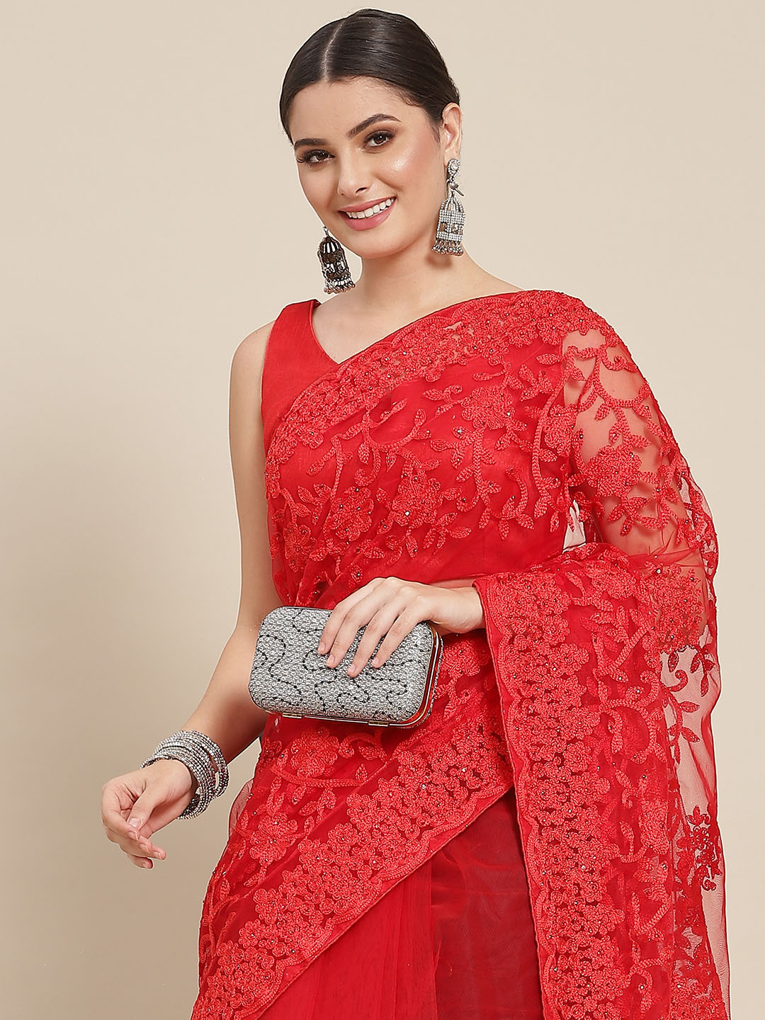 

SAARYA Red Floral Sequinned Net Saree