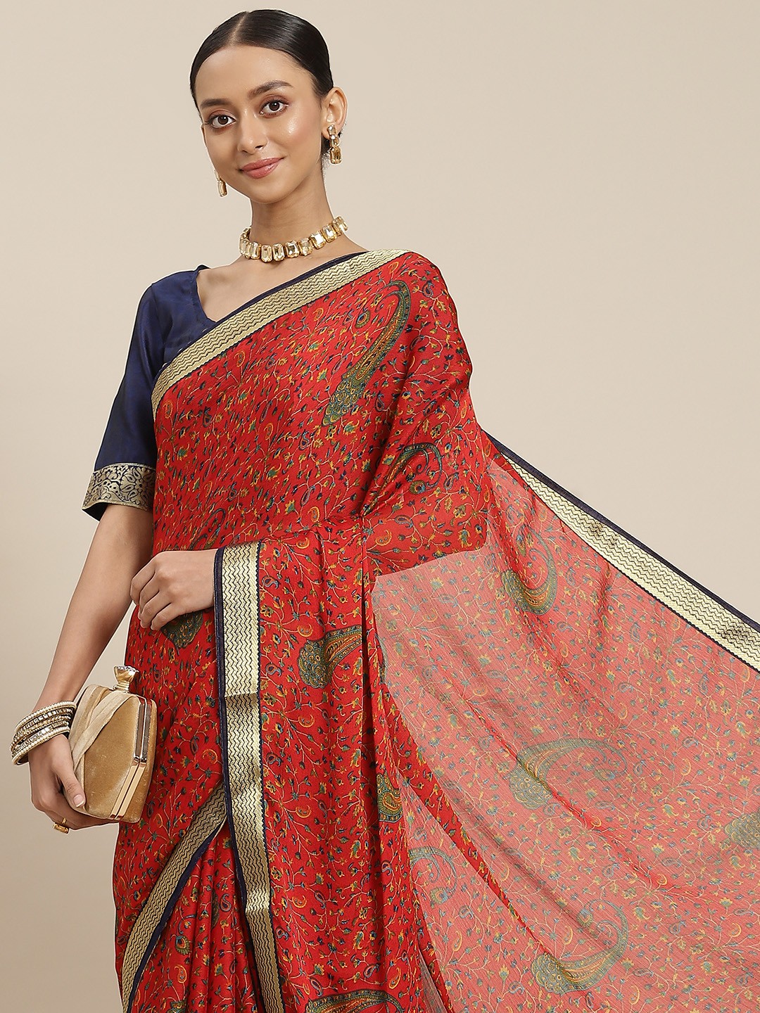 

SAARYA Red & Green Ethnic Motifs Pure Chiffon Saree