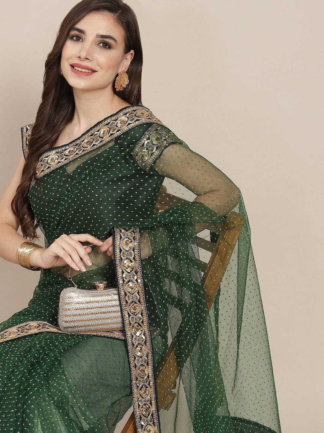

SAARYA Green Embellished Sequinned Net Saree