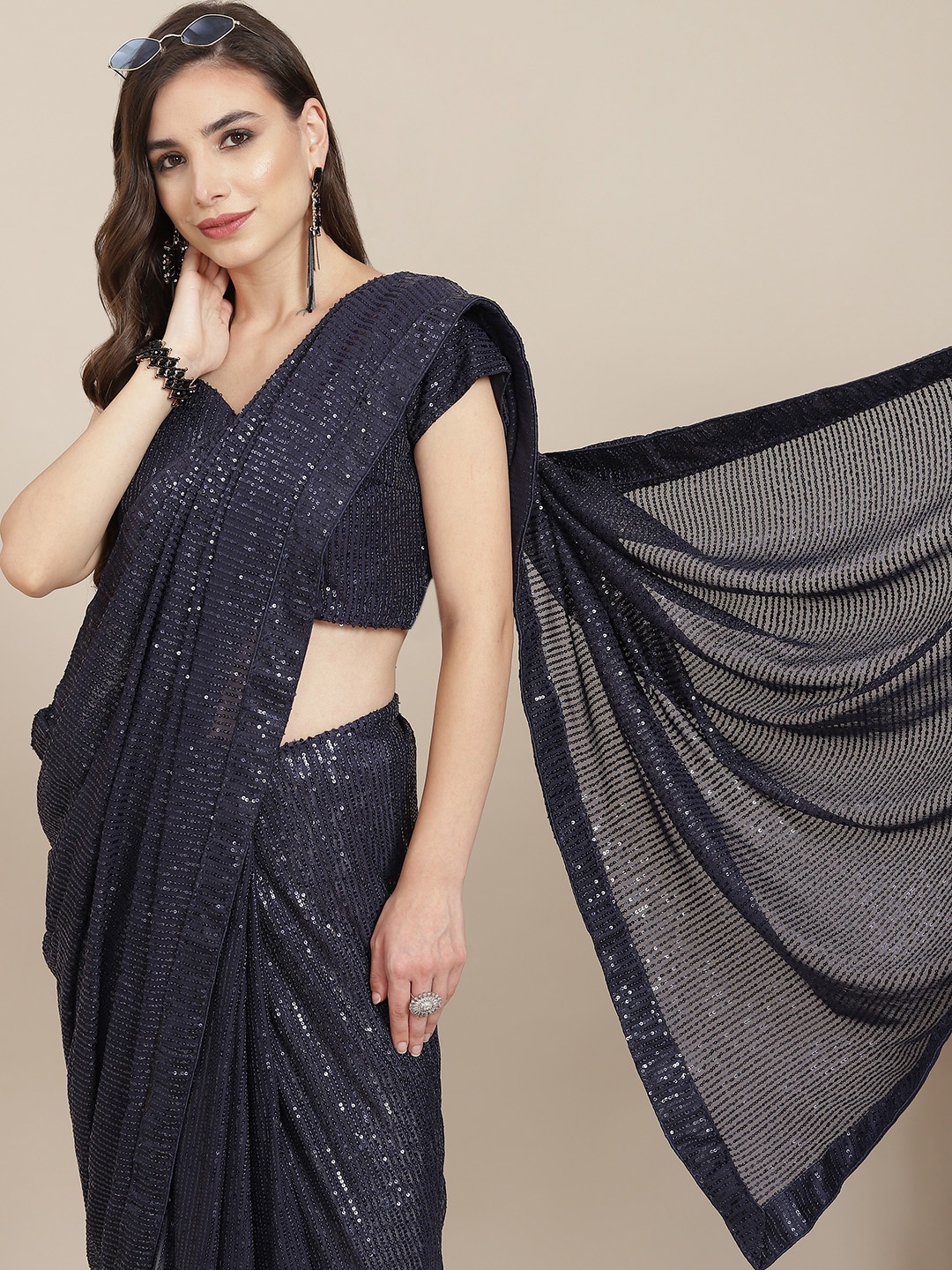 

SAARYA Navy Blue Sequin Embellished Net Saree with Blouse Piece