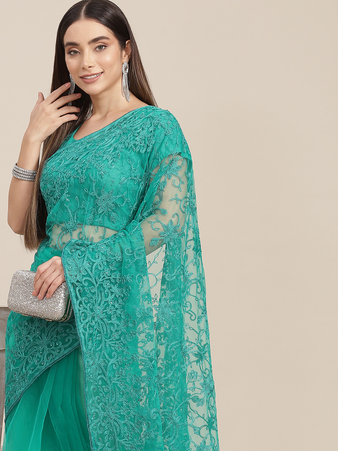 

SAARYA Woman Sea Green Floral Net Saree