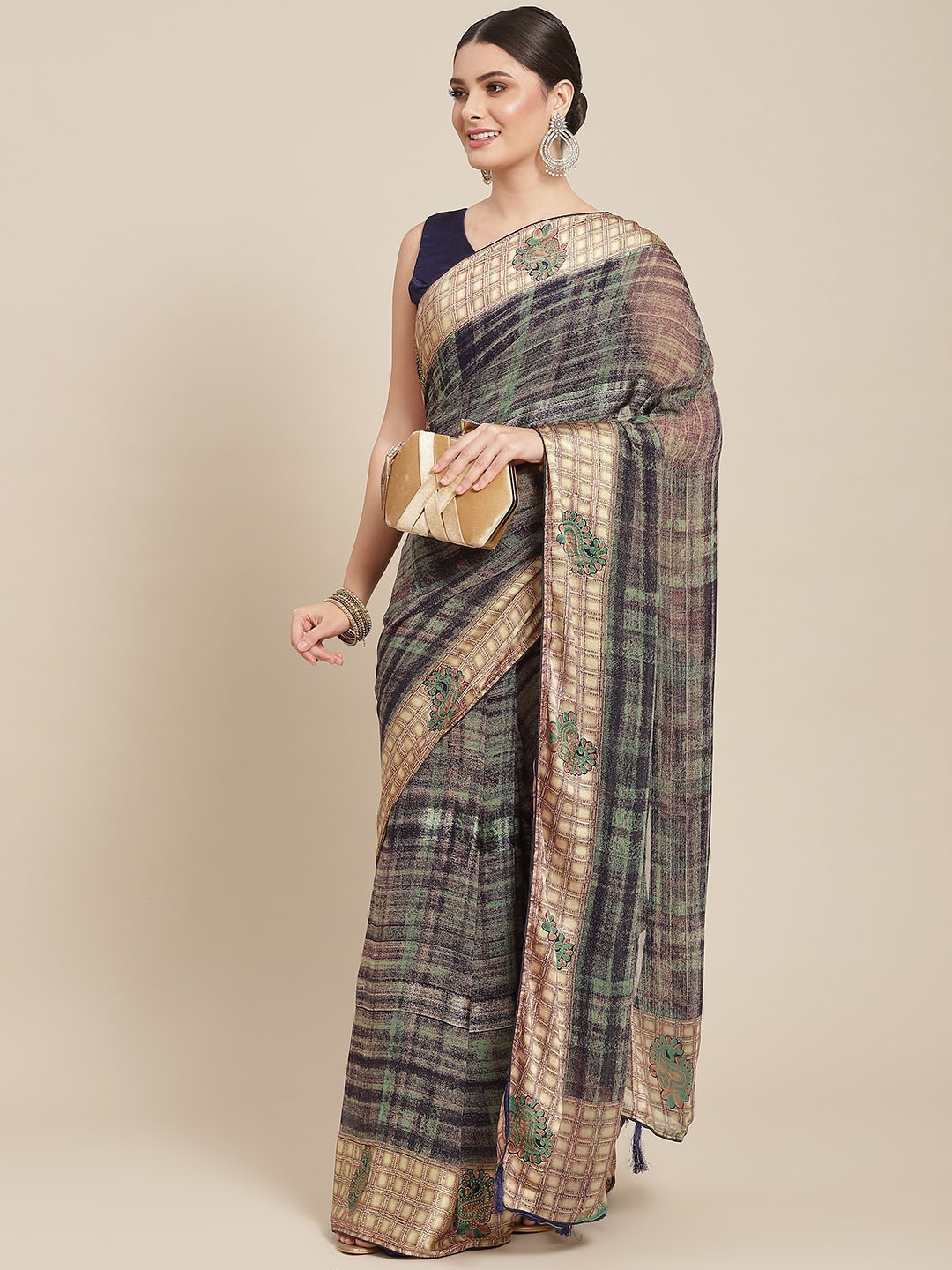 

SAARYA Navy Blue & Green Abstract Printed Saree