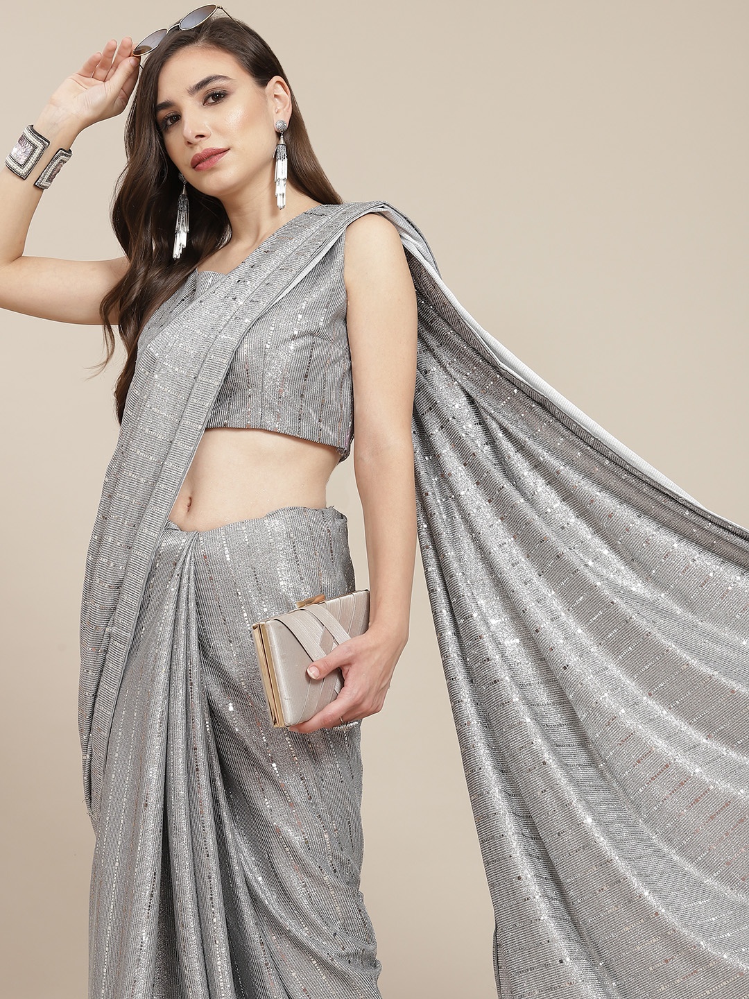 

SAARYA Grey Striped Sequinned Saree