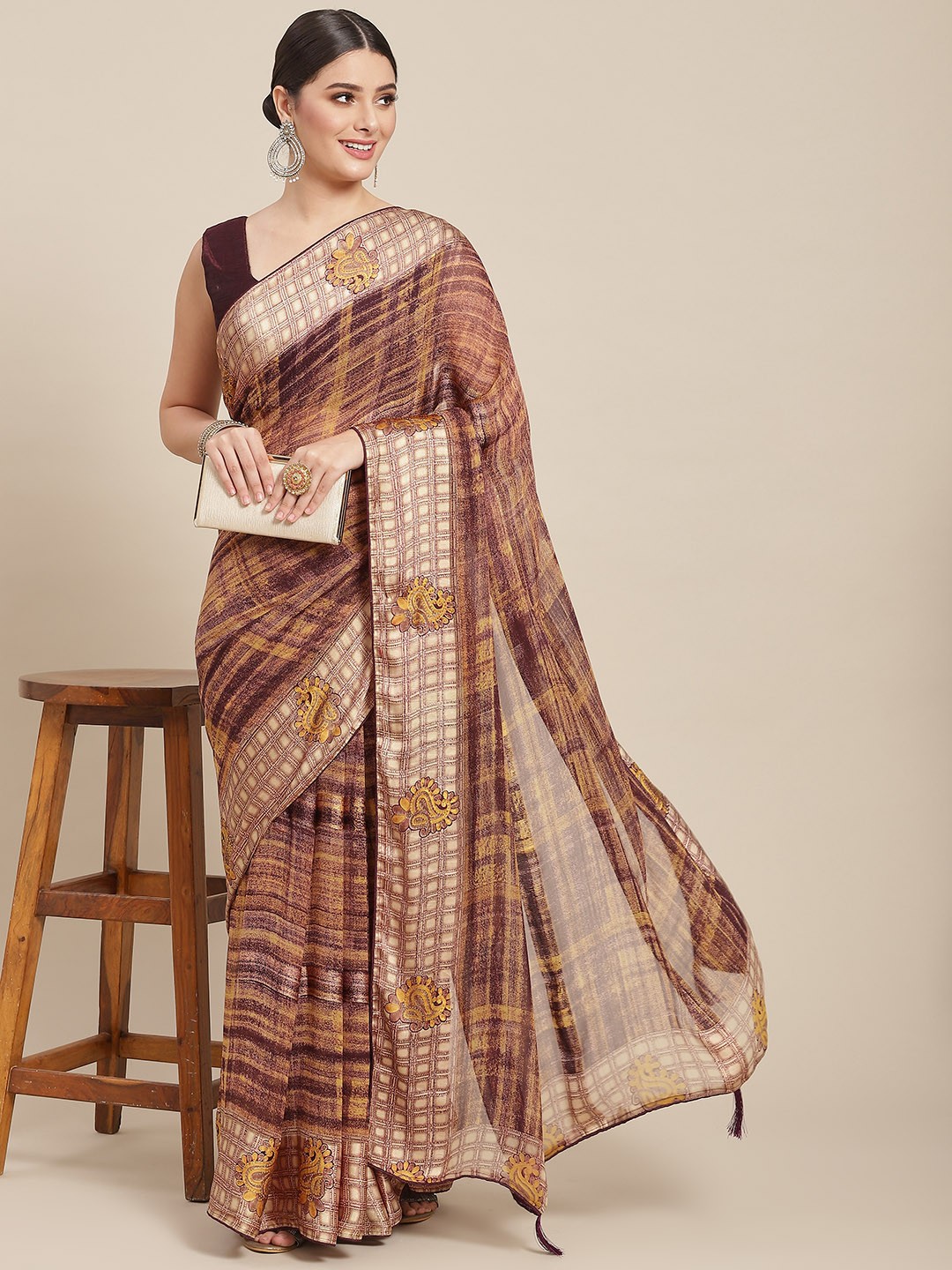 

SAARYA Brown Abstract Printed Poly Georgette Saree