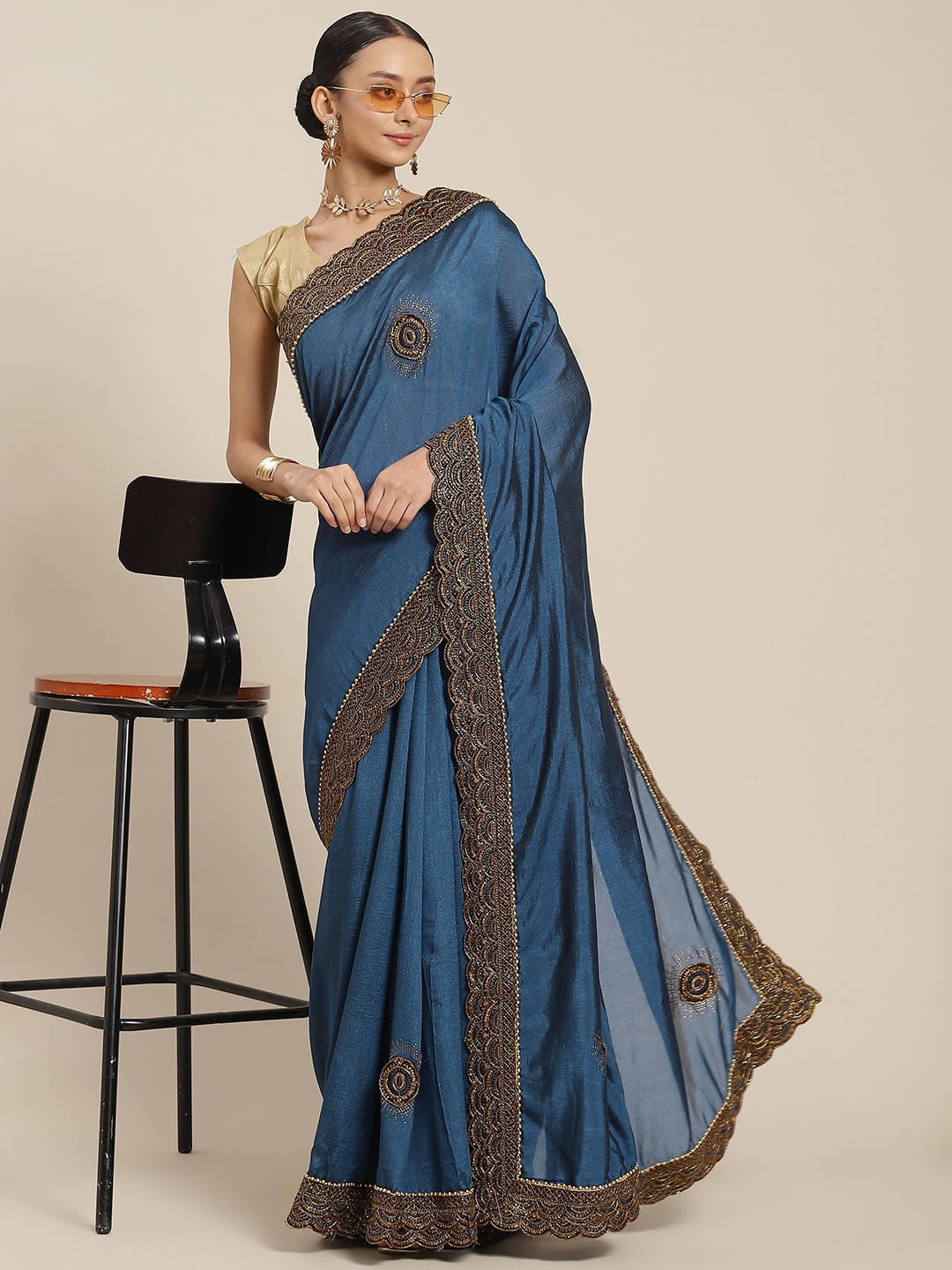 

SAARYA Blue Embellished Beads and Stones Poly Crepe Saree