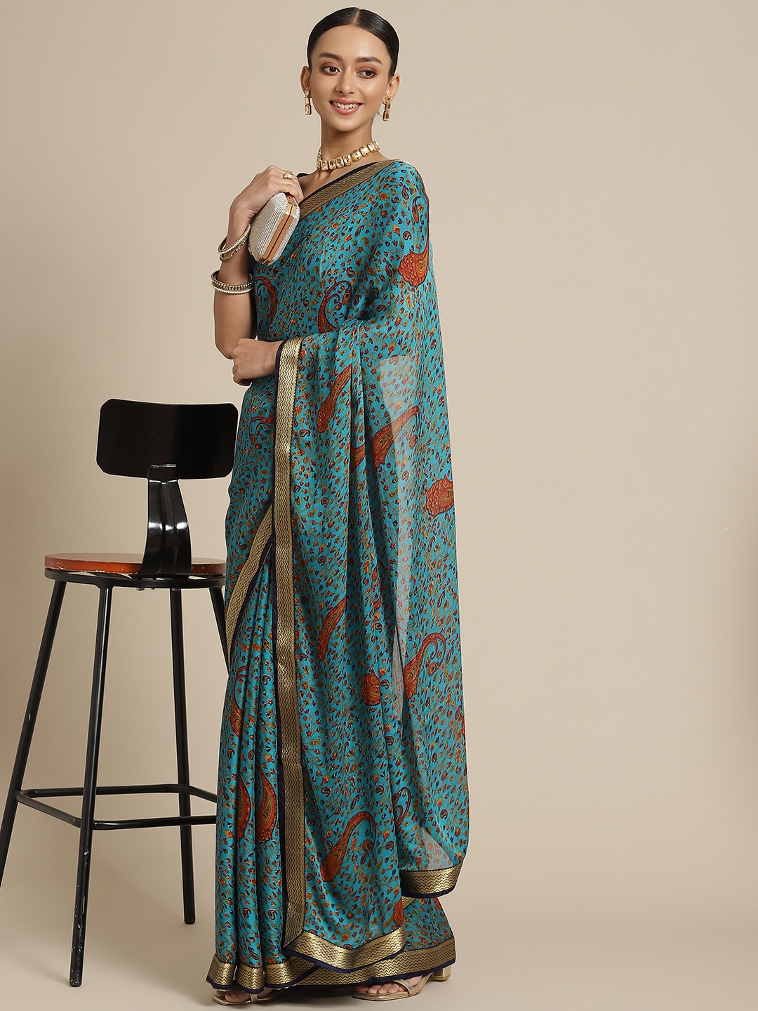 

SAARYA Turquoise Blue & Golden Ethnic Motifs Pure Chiffon Saree