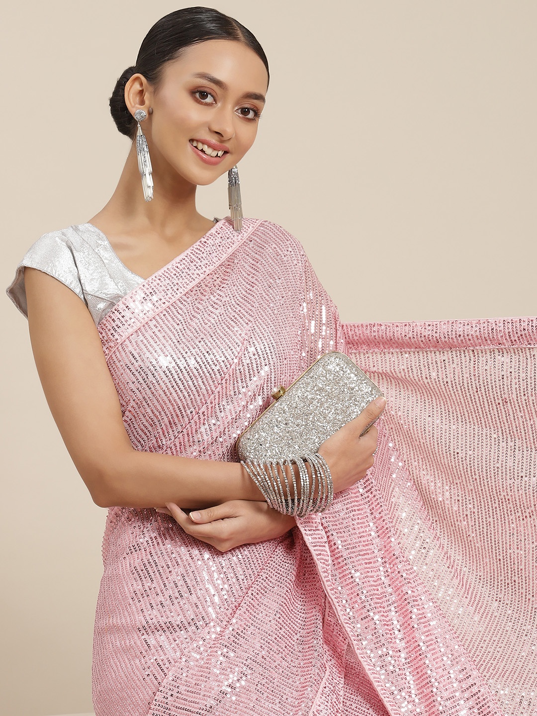 

SAARYA Pink Embellished Sequinned Net Saree